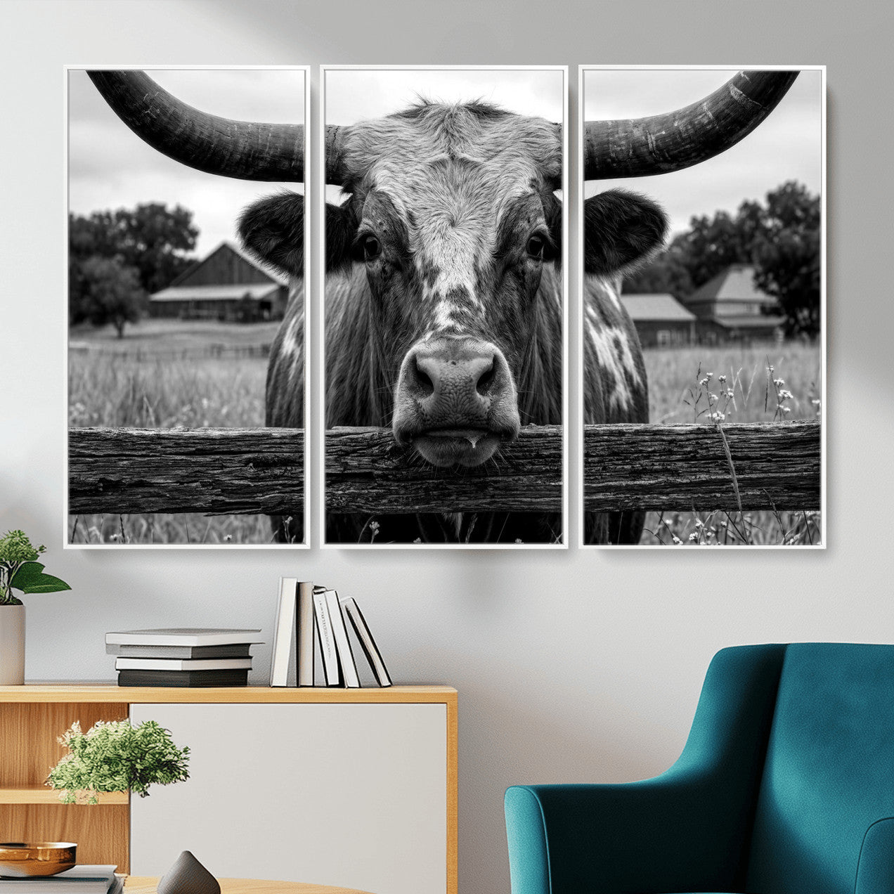 59378683B-MGV-CV-36X24 - Black White Texas Longhorn Bull Canvas Wall Art, Western Ranch Cattle Photography Print, Rustic Farmhouse Cowboy Decor Artwork
