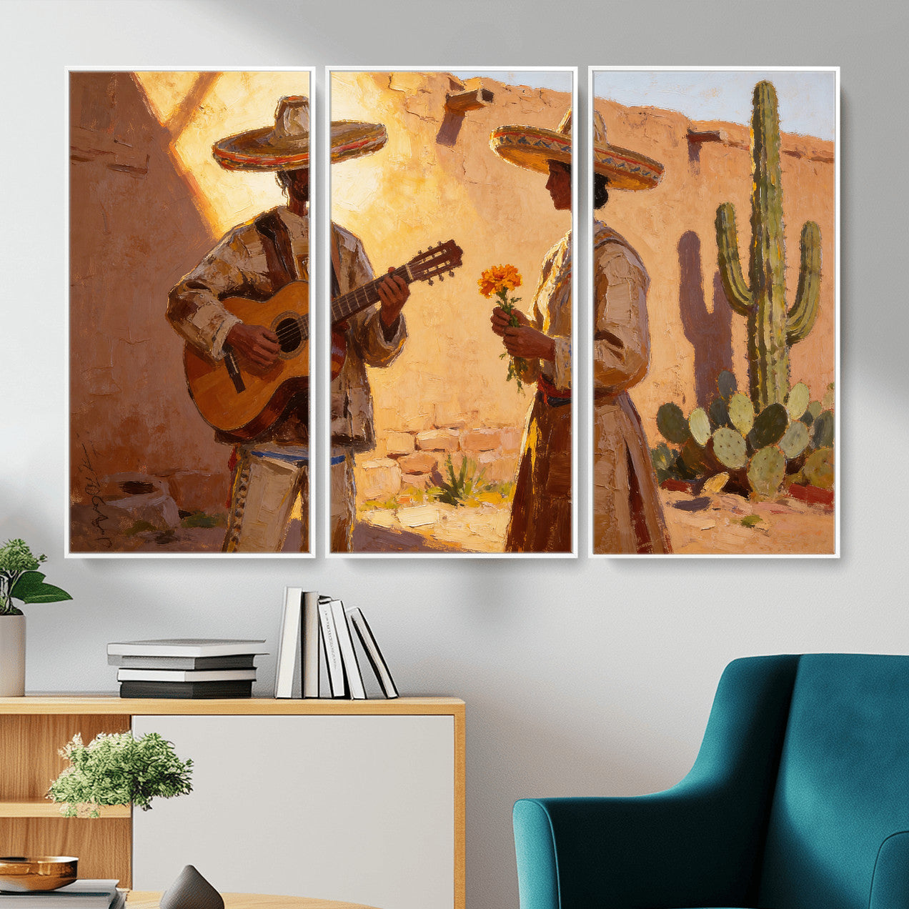 41849005-MGV-CV-36X24 - Mexican Couple Canvas Wall Art, Romantic Serenade Guitar Painting Print, Southwestern Desert Adobe Decor, Warm Golden Folk Art, Living Room Art
