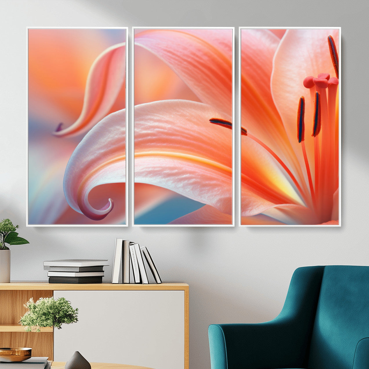 69566231-MGV-CV-36X24 - Peach Lily Canvas Wall Art, Coral Pink Flower Macro Photo Print, Botanical Bedroom Decor, Soft Floral Photography, Living Room Wall Art