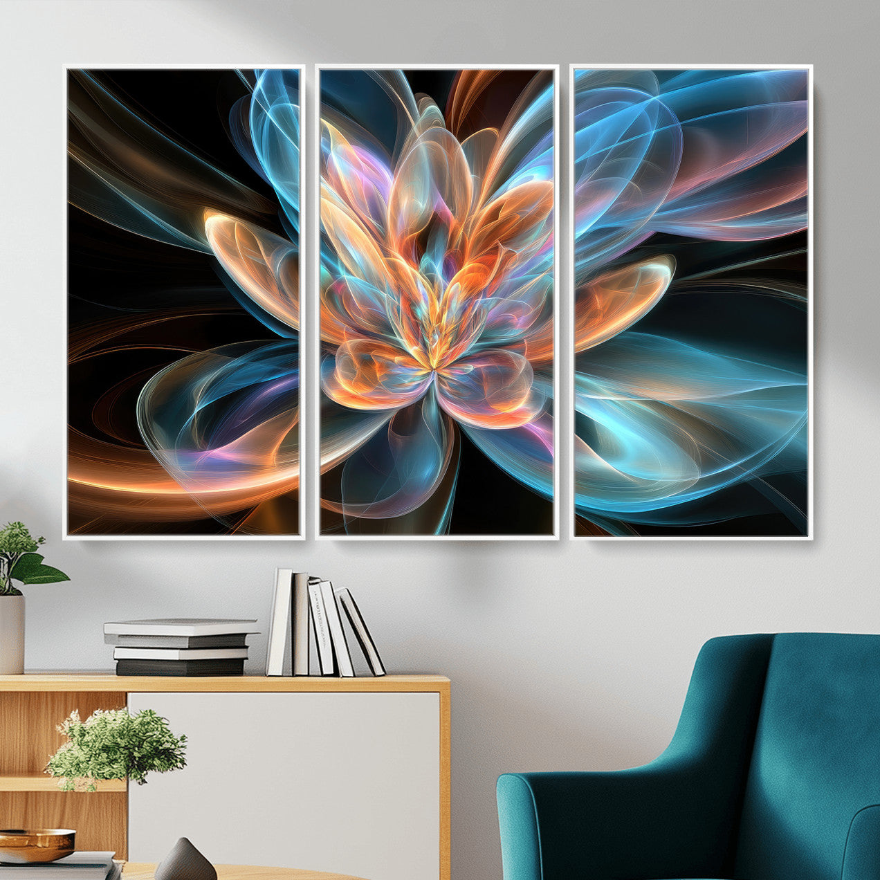 91902283-MGV-CV-36X24 - Fractal Lotus Canvas Wall Art, Blue Orange Glowing Flower Abstract Print, Modern Zen Meditation Room Decor, Ethereal Digital Art, Living Room