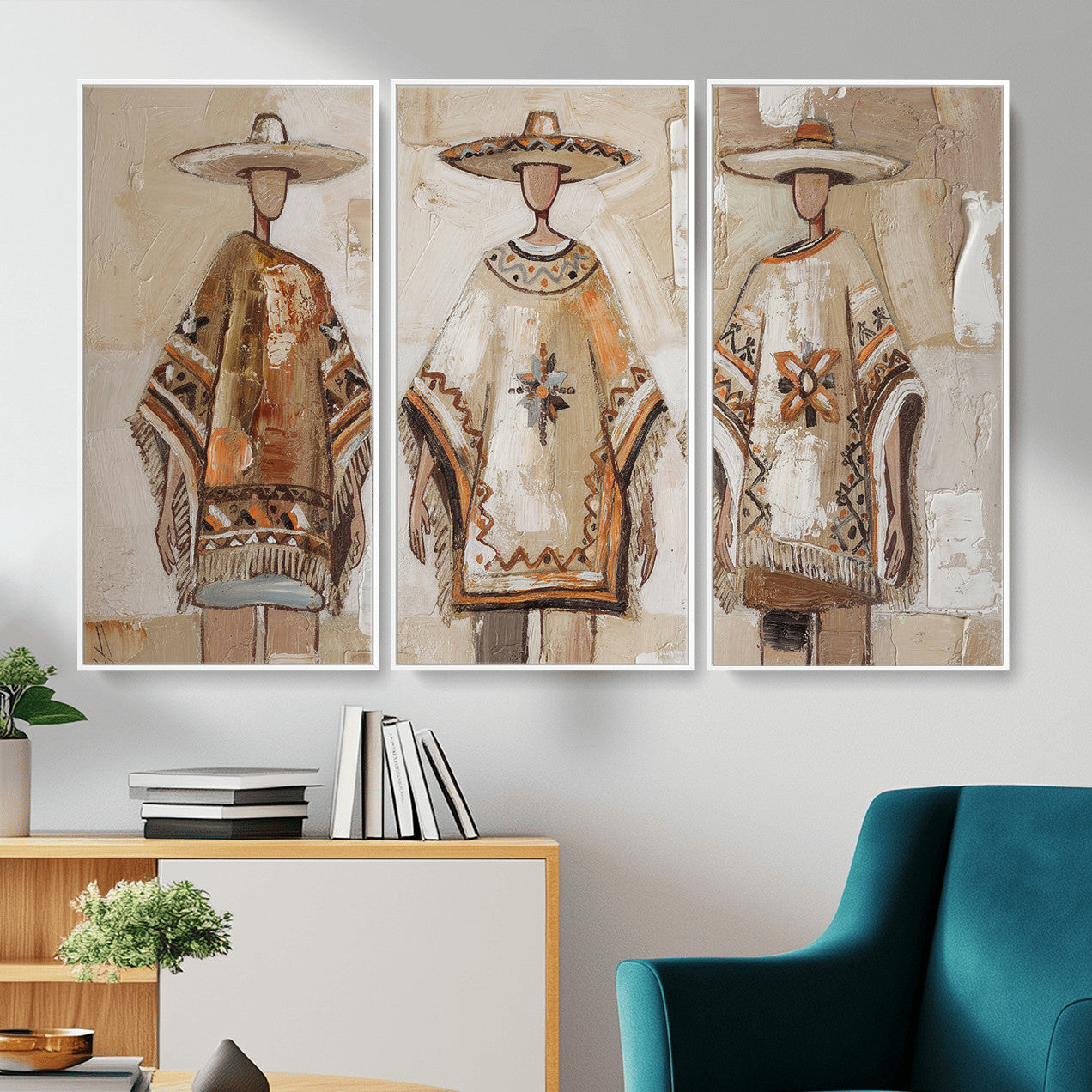 85373290-MGV-CV-36X24 - Mexican Folk Art Canvas Wall Art, Charro Poncho Sombrero Painting Print, Neutral Beige Boho Decor, Southwestern Impasto Style, Living Room Art