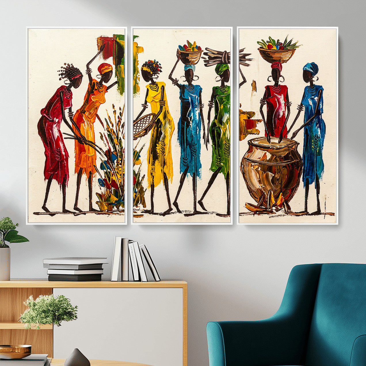 83463154-MGV-CV-36X24 - African Folk Art Canvas Wall Art, Colorful African Women Village Painting Print, Tribal Ethnic Home Decor, Vibrant African Art, Living Room