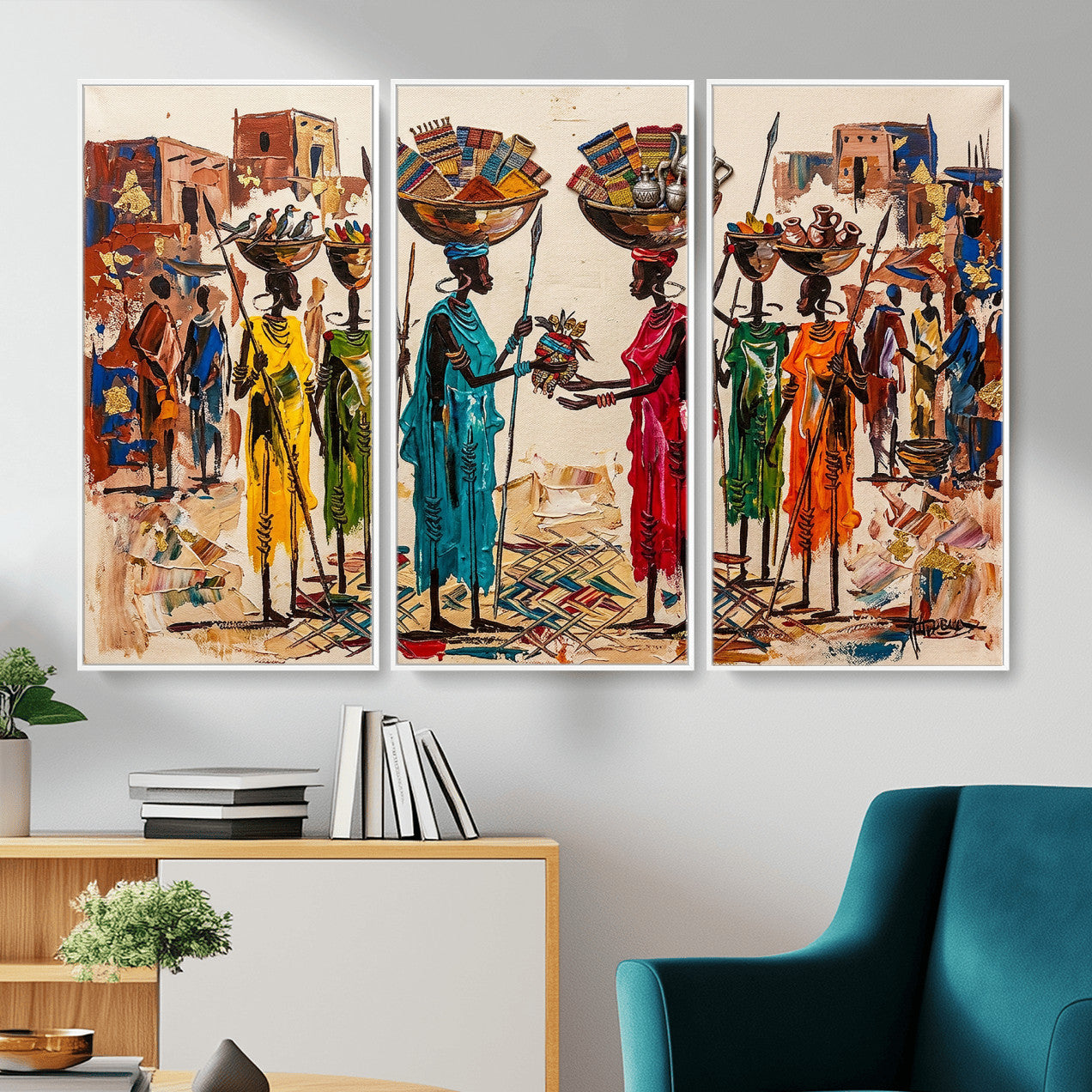 54818657-MGV-CV-36X24 - African Folk Art Canvas Wall Art, Colorful African Women Village Painting Print, Tribal Ethnic Home Decor, Vibrant African Art, Living Room