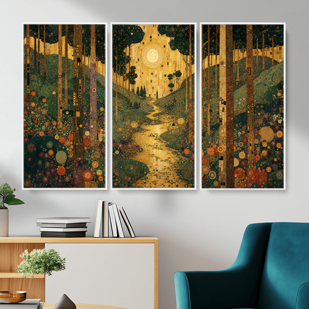 79483321GS-MGV-CV-48X32-3P - Gustav Klimt Style Forest Canvas Wall Art, Golden Forest Path Floral Art Nouveau Print, Enchanted Woodland Decor