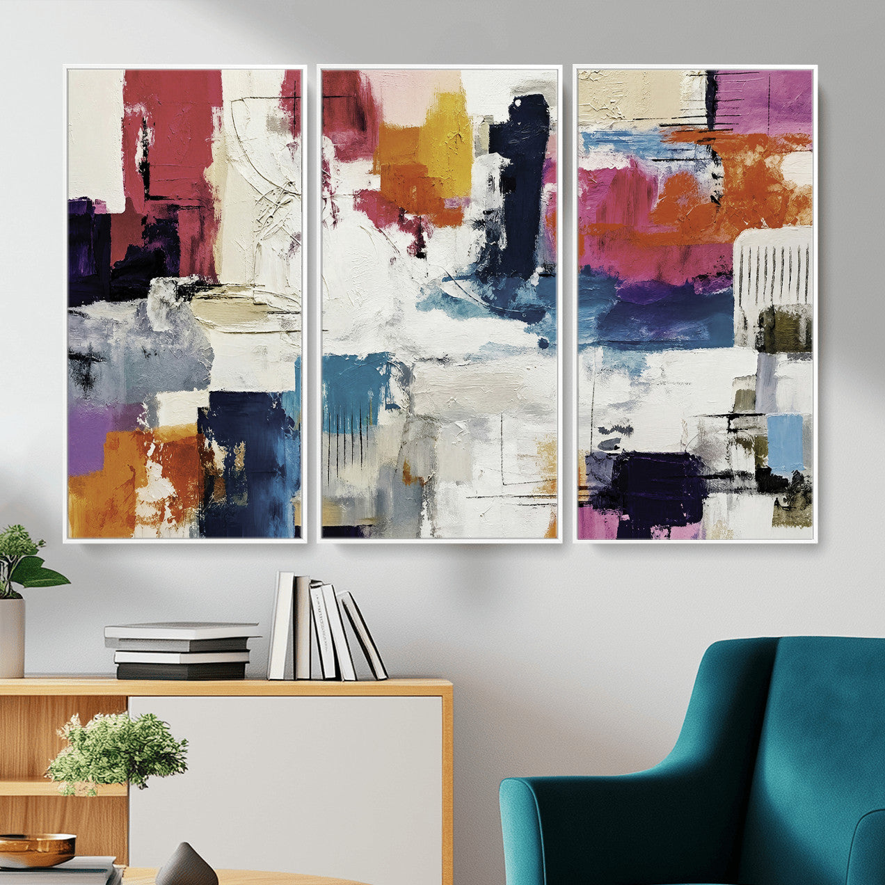 57864023-MGV-CV-36X24 - Blue Teal Abstract Canvas Wall Art, Modern Textured Painting Print, Navy Orange White Contemporary Art, Neutral Living Room Decor, Office Art