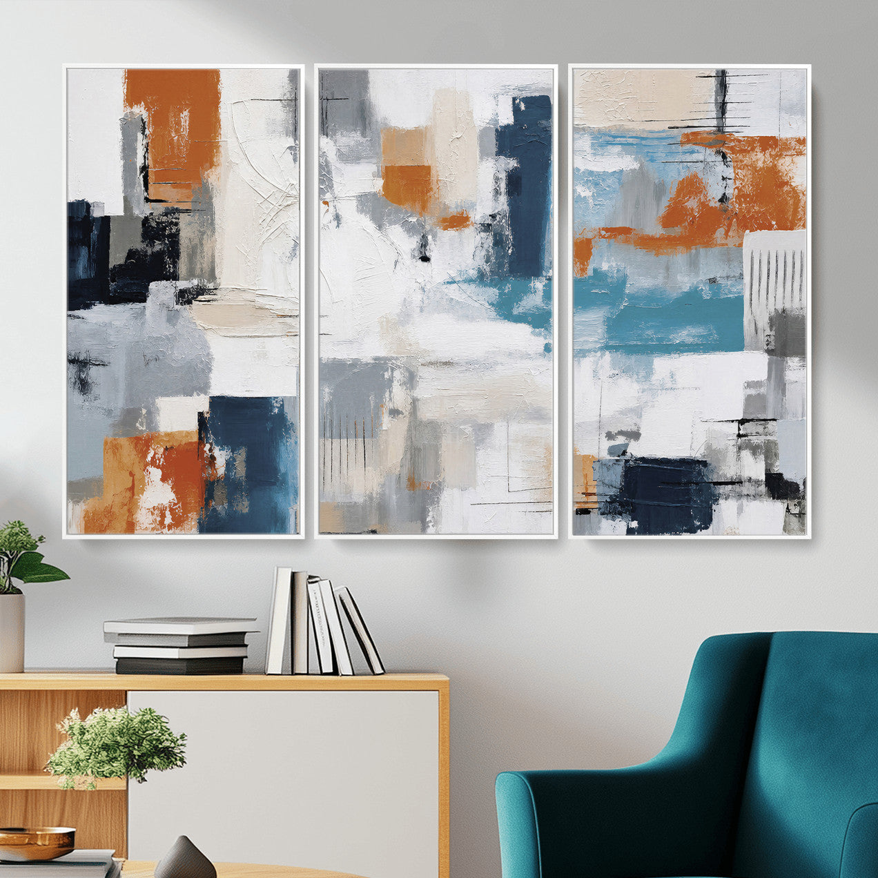44950303-MGV-CV-36X24 - Blue Teal Abstract Canvas Wall Art, Modern Textured Painting Print, Navy Orange White Contemporary Art, Neutral Living Room Decor, Office Art