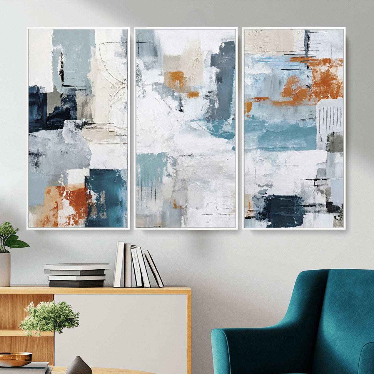 98638479-MGV-CV-36X24 - Blue Teal Abstract Canvas Wall Art, Modern Textured Painting Print, Navy Orange White Contemporary Art, Neutral Living Room Decor, Office Art