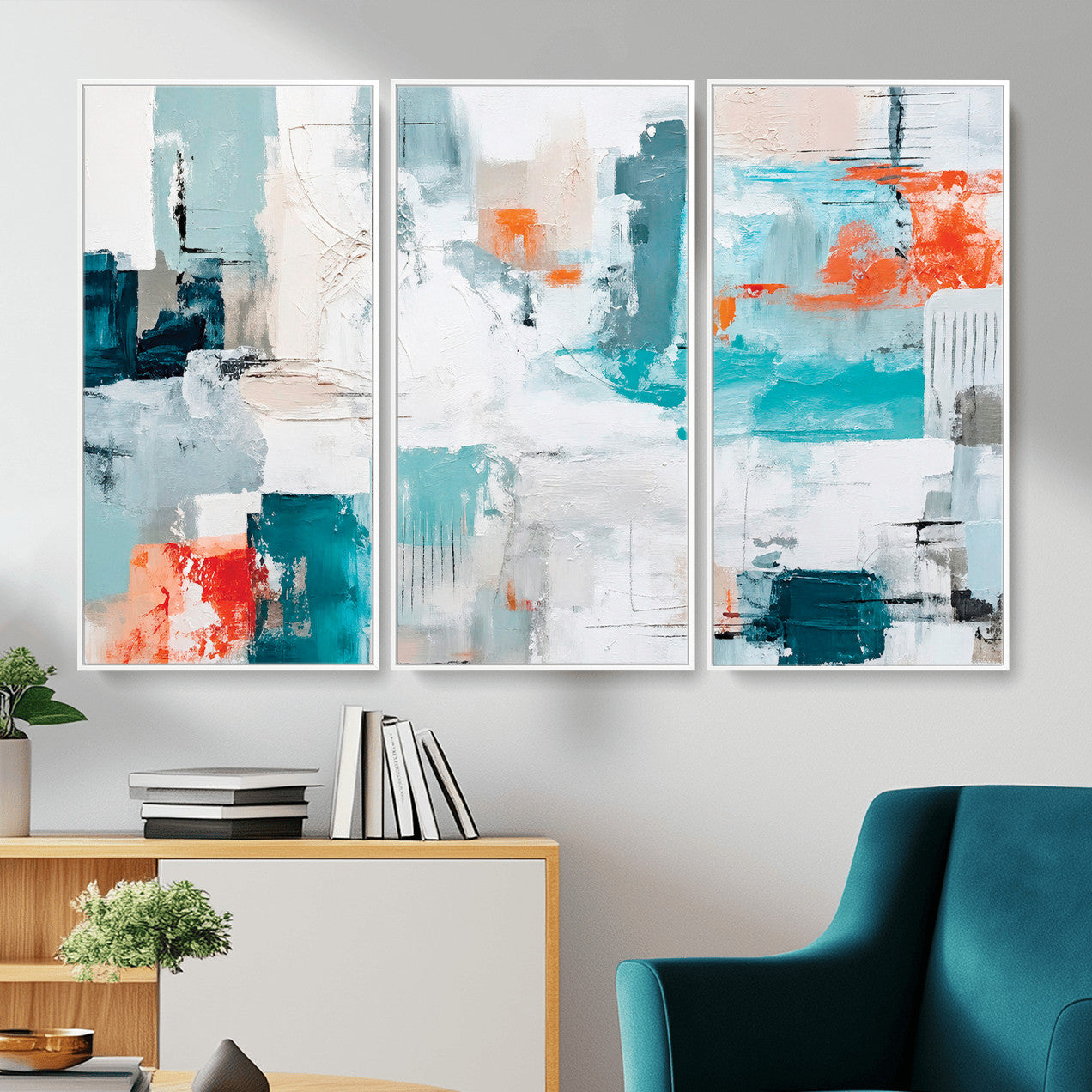 98638479-MGV-CV-36X24 - Blue Teal Abstract Canvas Wall Art | Modern Textured Painting Print, Navy Orange White Contemporary Art, Neutral Living Room Decor, Office Art