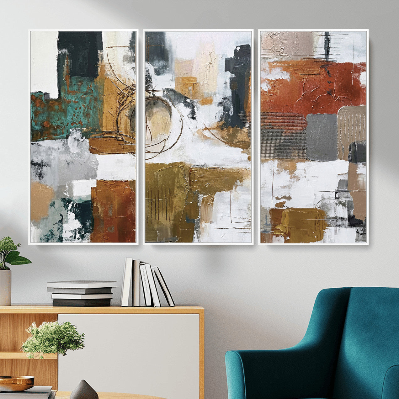 50720312-MGV-CV-36X24 - Blue Teal Abstract Canvas Wall Art, Modern Textured Painting Print, Navy Orange White Contemporary Art, Neutral Living Room Decor, Office Art