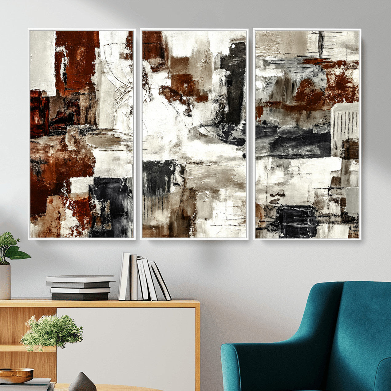 53022468-MGV-CV-36X24 - Blue Teal Abstract Canvas Wall Art, Modern Textured Painting Print, Navy Orange White Contemporary Art, Neutral Living Room Decor, Office Art