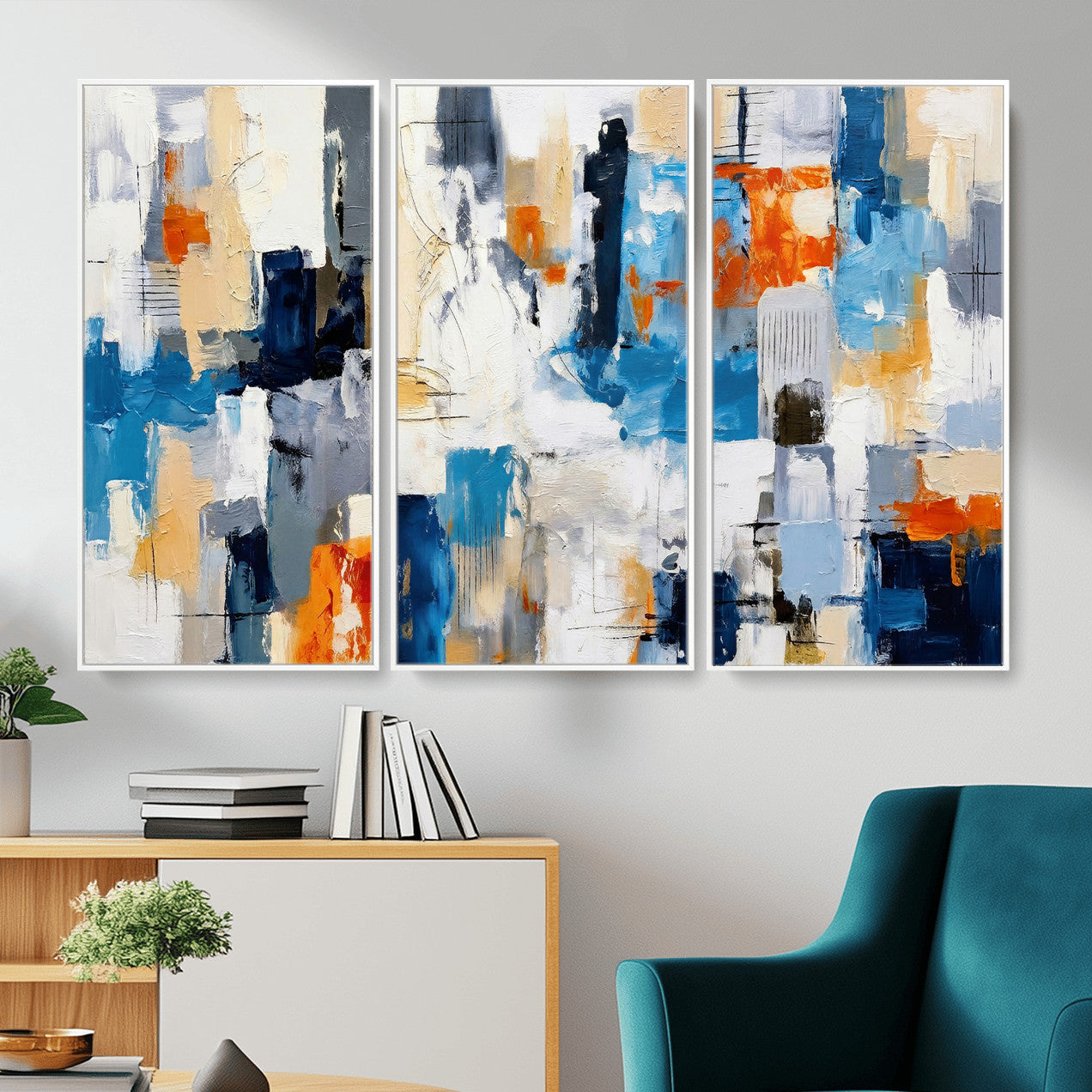 83915061-MGV-CV-36X24 - Blue Teal Abstract Canvas Wall Art, Modern Textured Painting Print, Navy Orange White Contemporary Art, Neutral Living Room Decor, Office Art