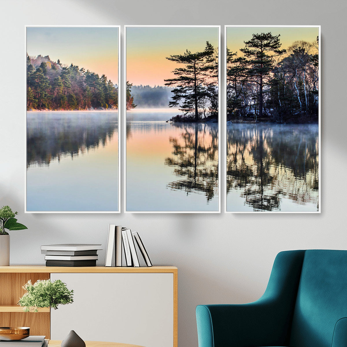 34236027-MGV-CV-36X24 - Before People Wake Canvas Wall Art Print, Misty Lake Sunrise Landscape, Forest Reflection Nature Decor, Ready to Hang