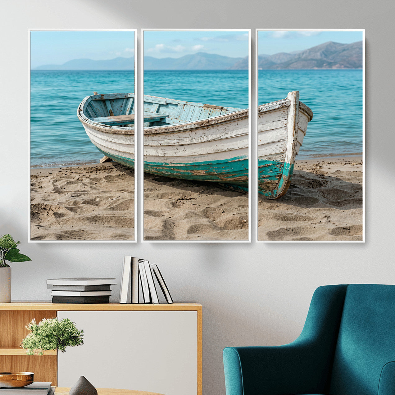 49963709-MGV-CV-36X24 - Coastal Boat Canvas Wall Art Print, Beach Boat Painting, Nautical Ocean Decor, Seascape Wall Art - Ready to Hang
