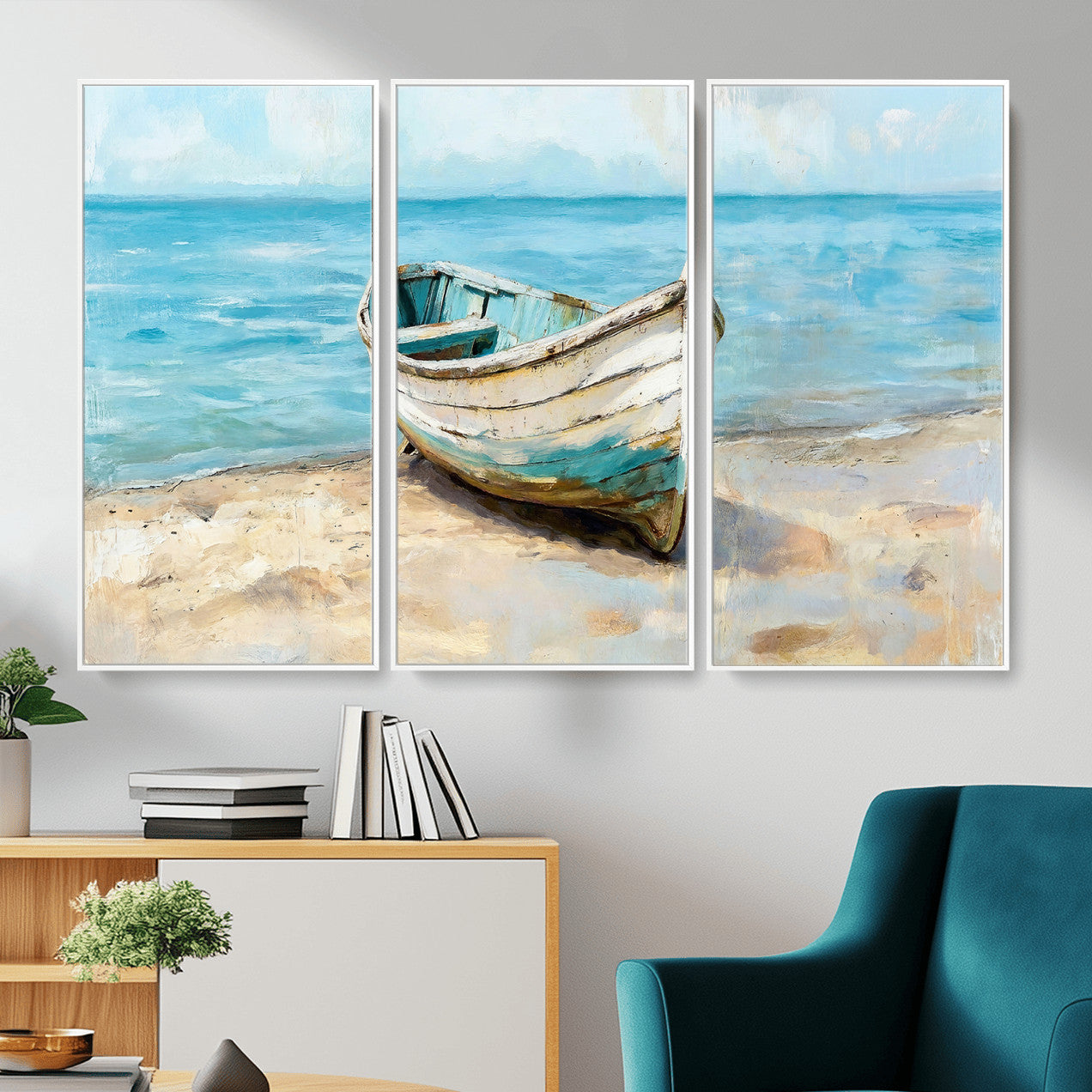 14780565-MGV-CV-36X24 - Coastal Boat Canvas Wall Art Print, Beach Boat Painting, Nautical Ocean Decor, Seascape Wall Art - Ready to Hang