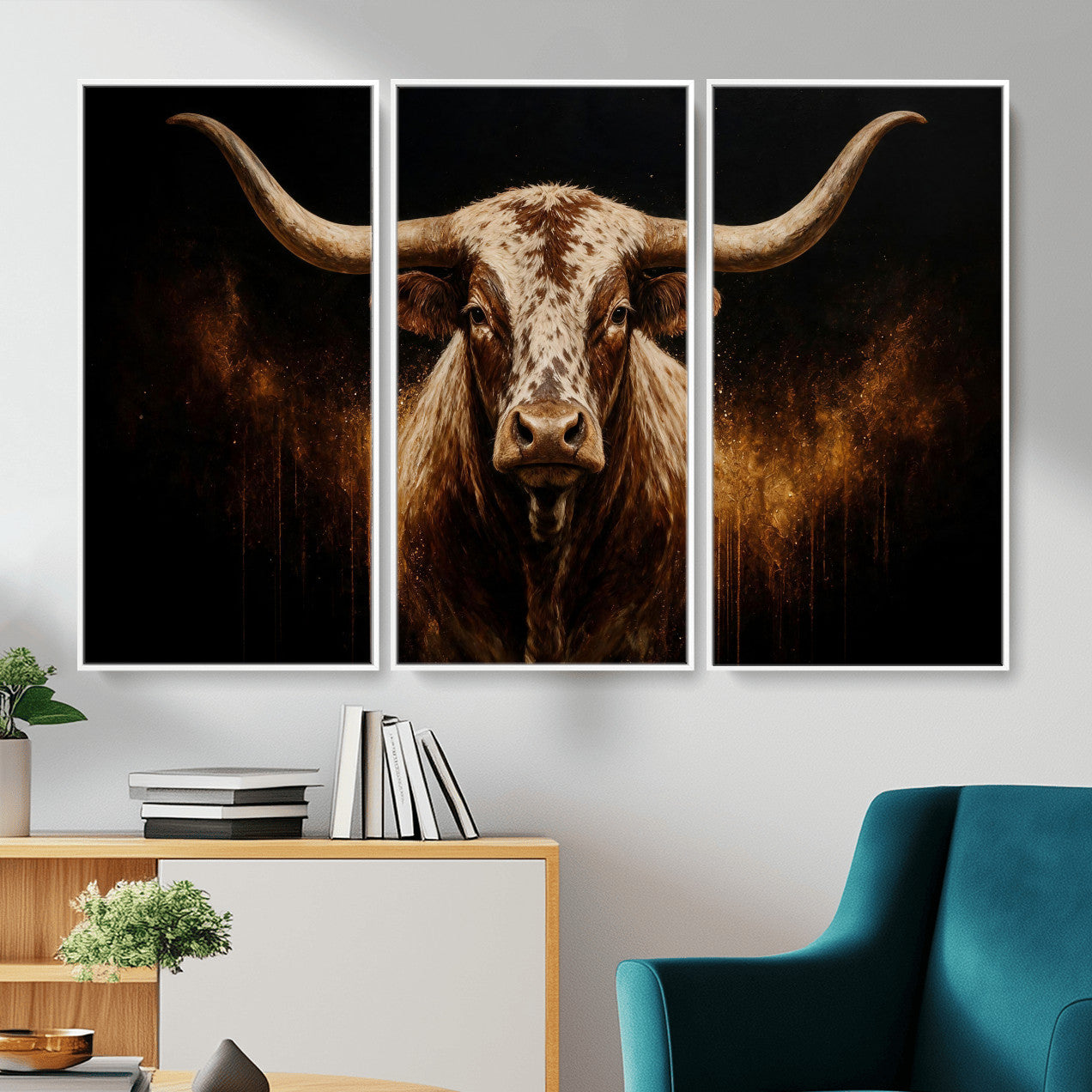 62076449-MGV-CV-48X32-3P - Texas Bull Cow Longhorn Canvas Wall Art Moody Western Bull Oil Painting Print