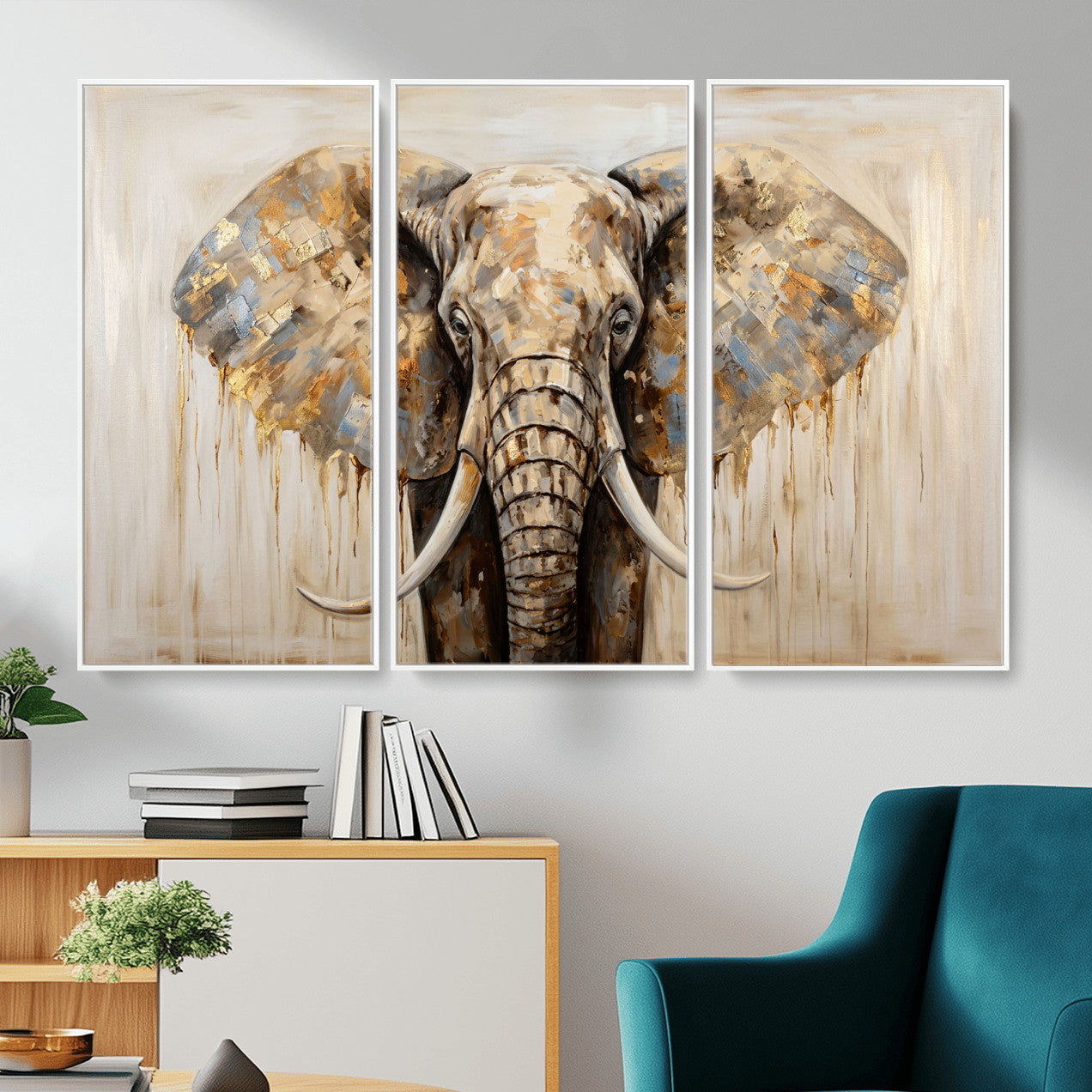 95819221-MGV-CV-36X24 - Gold Leaf Elephant Canvas Wall Art Abstract African Wildlife Painting Print