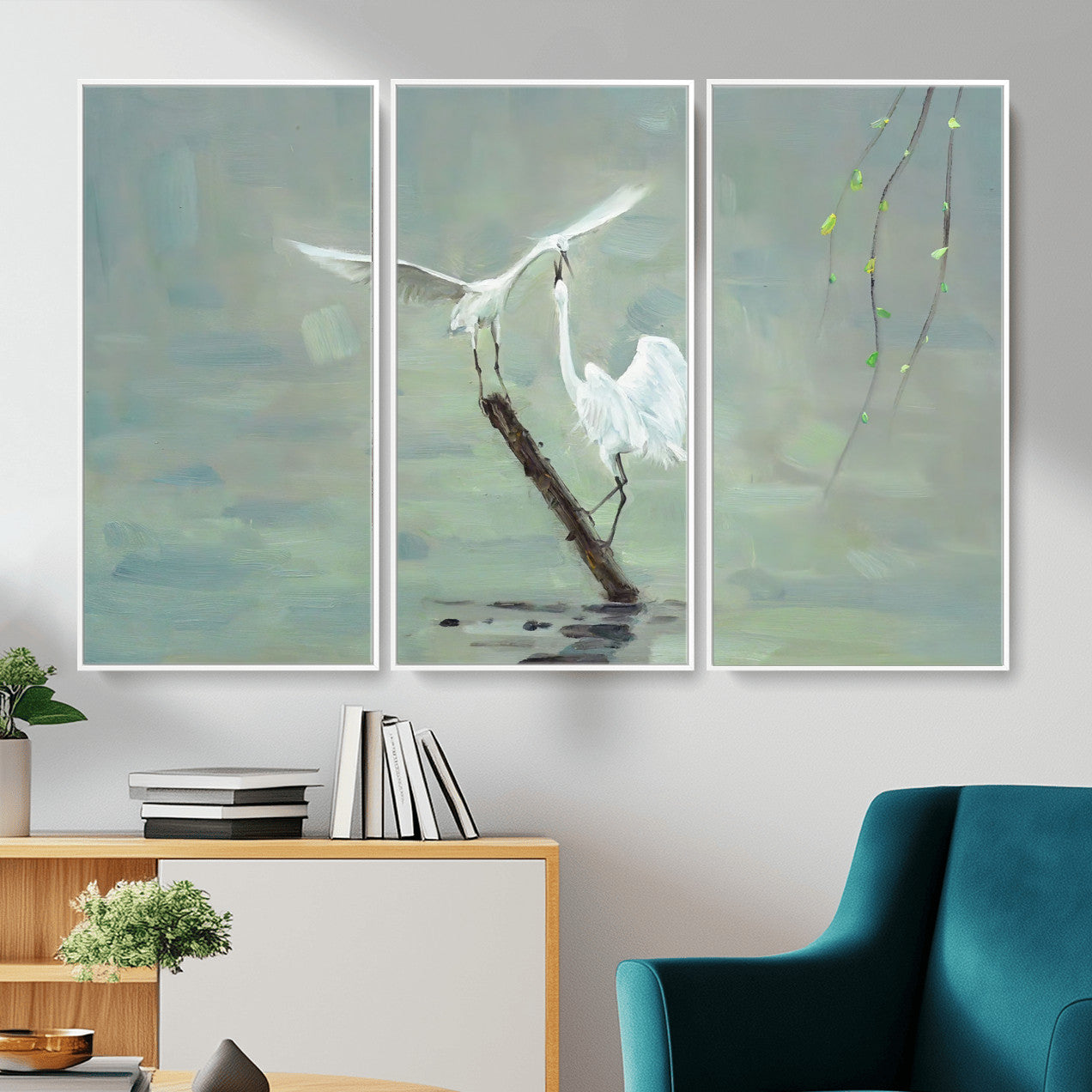 91124838-MGV-CV-36X24 - Two White Egrets on Marsh Branch Wall Art Canvas Print - Vintage Style Coastal Bird Poster