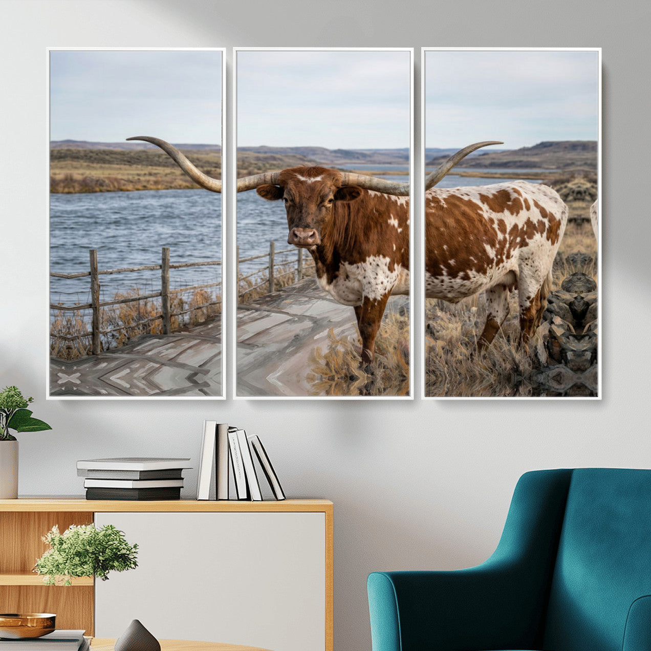 91575949-MGV-CV-36X24 - Texas Longhorn Cattle in Desert Pasture Wall Art Canvas Print - Rustic Western Decor
