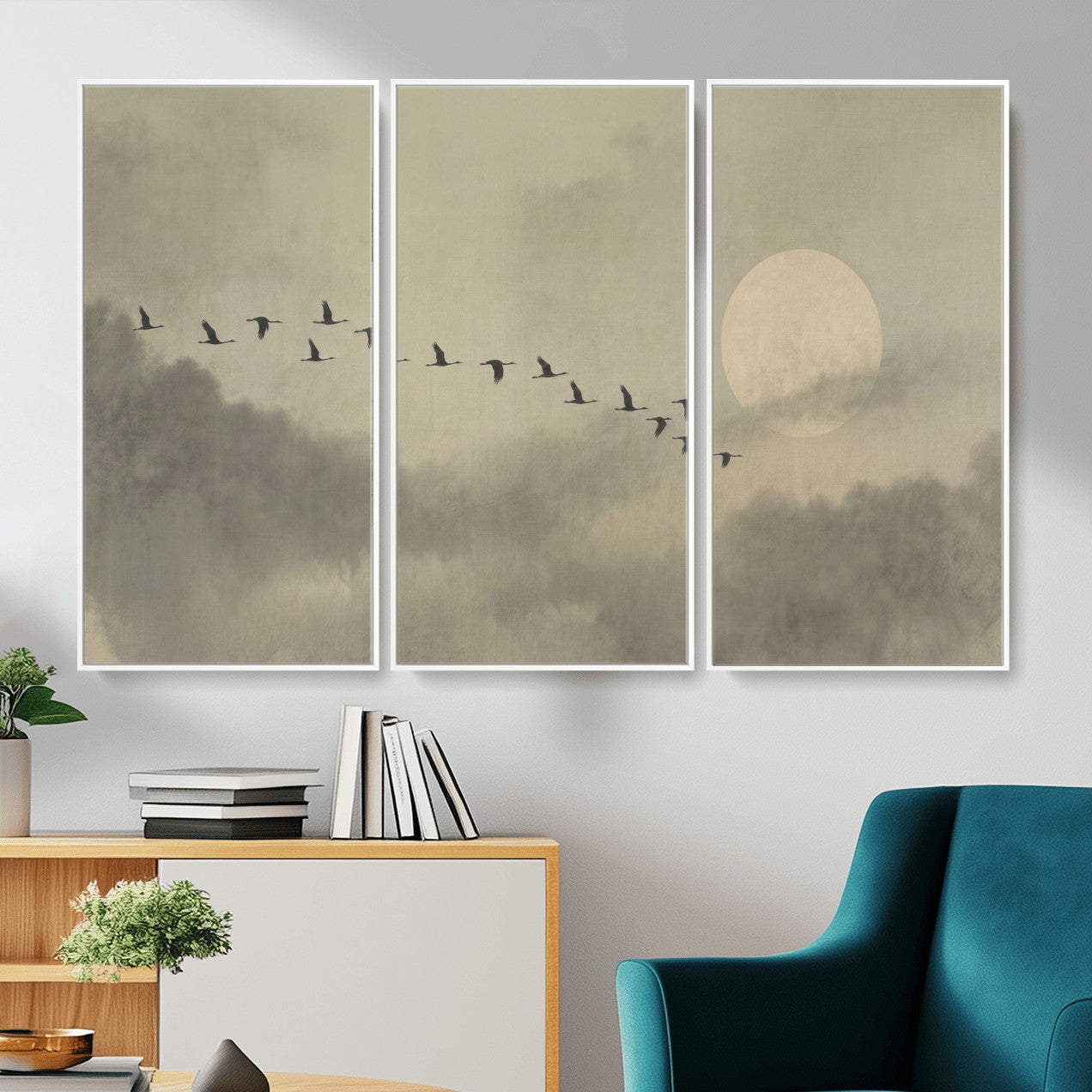 12098149-MGV-CV-36X24 - Flock of Birds Flying to Full Moon Wall Art Canvas Print - Vintage Surreal Clouds Painting