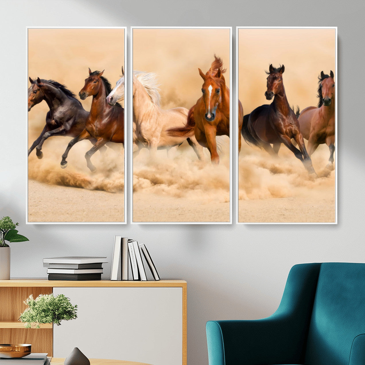 90610949-MGV-CV-36X24 - Herd of Six Wild Horses Galloping in Dust Storm Wall Art Canvas Print - Majestic Wildlife Decor