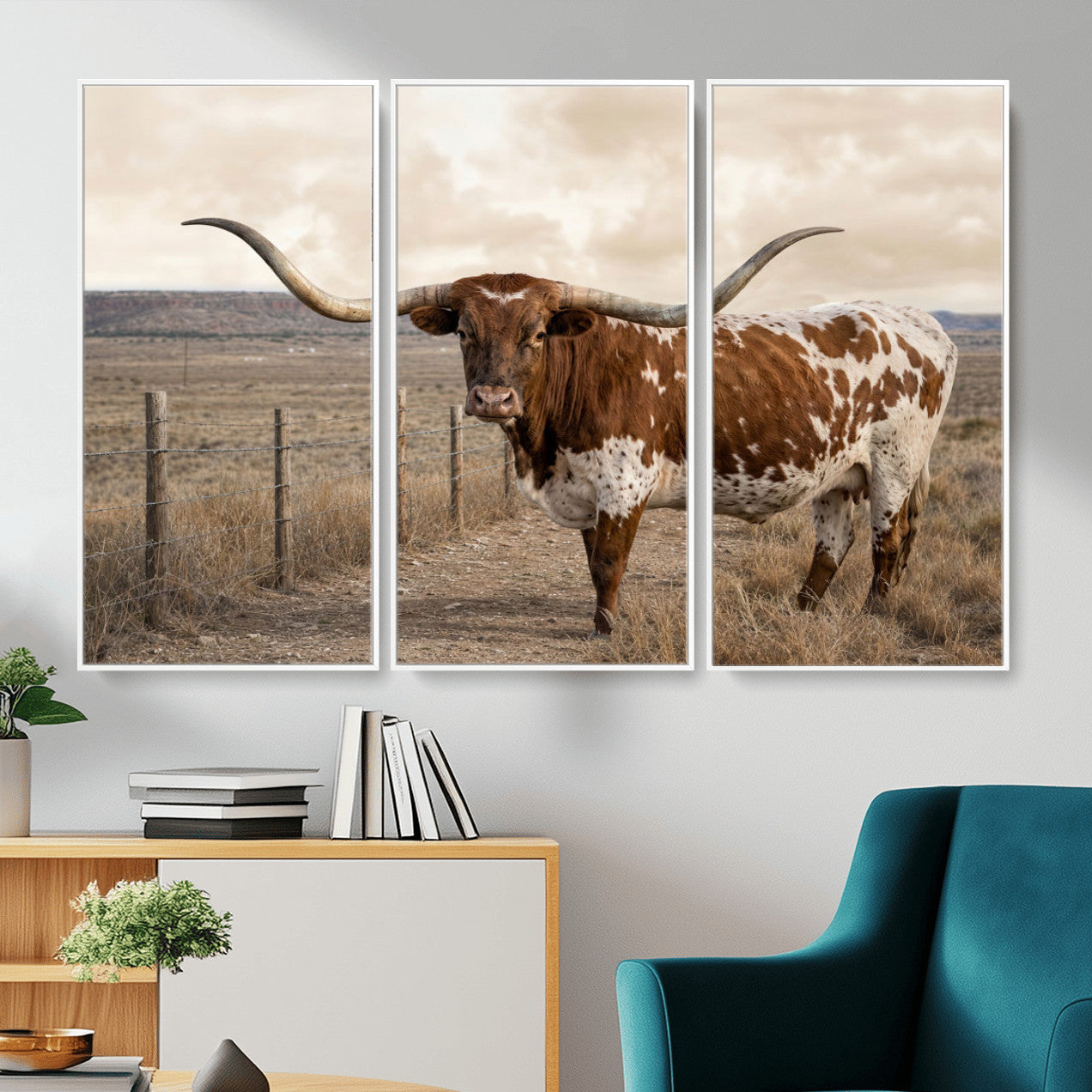 22808364-MGV-CV-36X24 - Texas Longhorn Cattle in Desert Pasture Wall Art Canvas Print - Rustic Western Decor