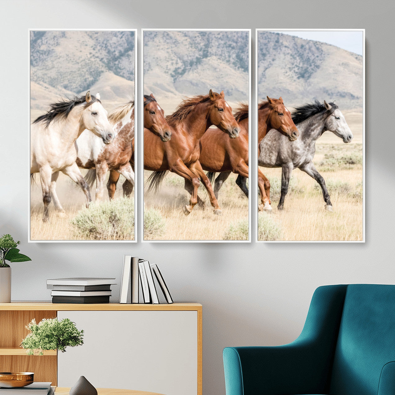 68345893-MGV-CV-36X24 - Five Mustangs Running Wild in Mountain Valley Wall Art Canvas Print - Rustic Western Decor