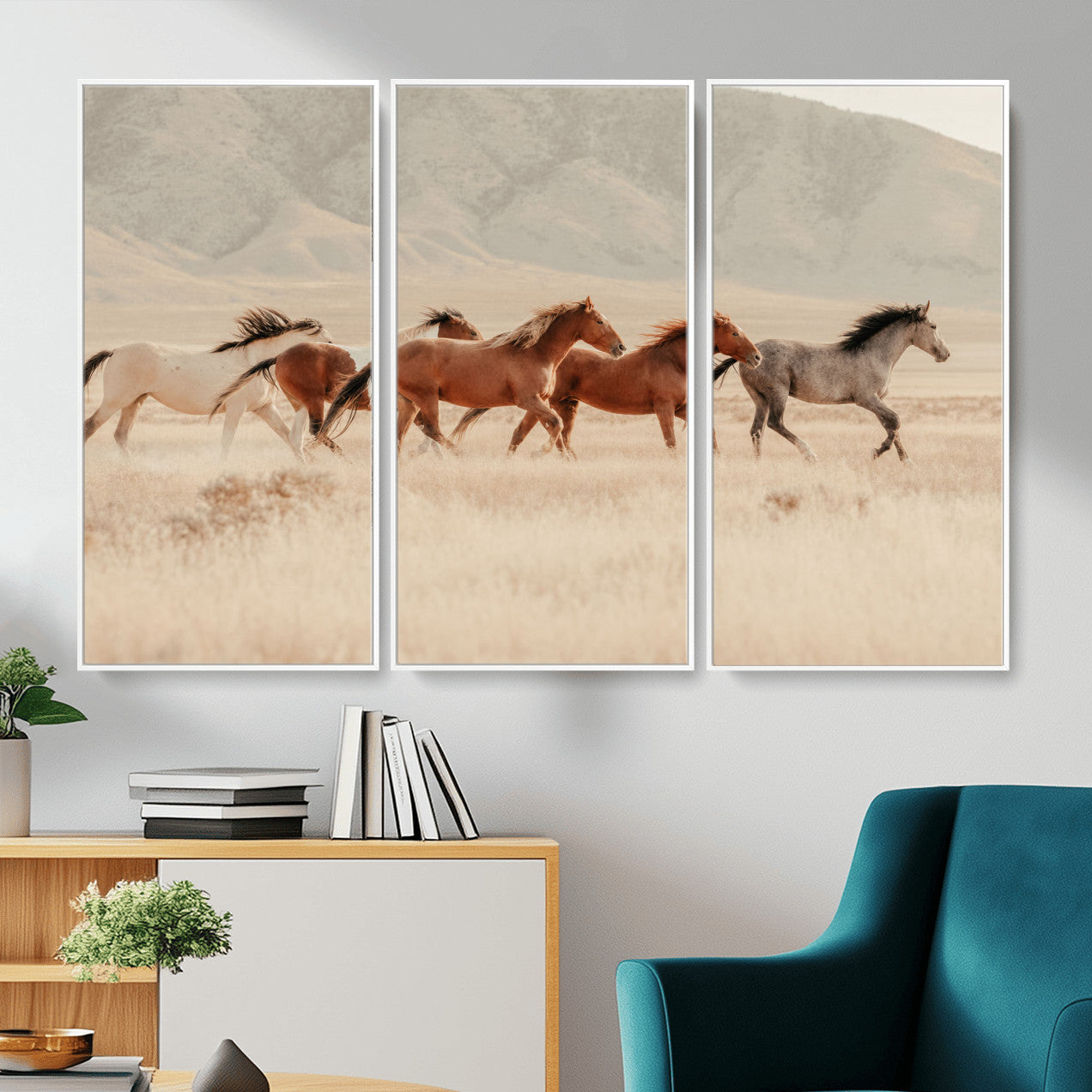 43348446-MGV-CV-36X24 - Herd of Wild Horses Running in Desert Mountain Wall Art Canvas Print - Boho Western Landscape