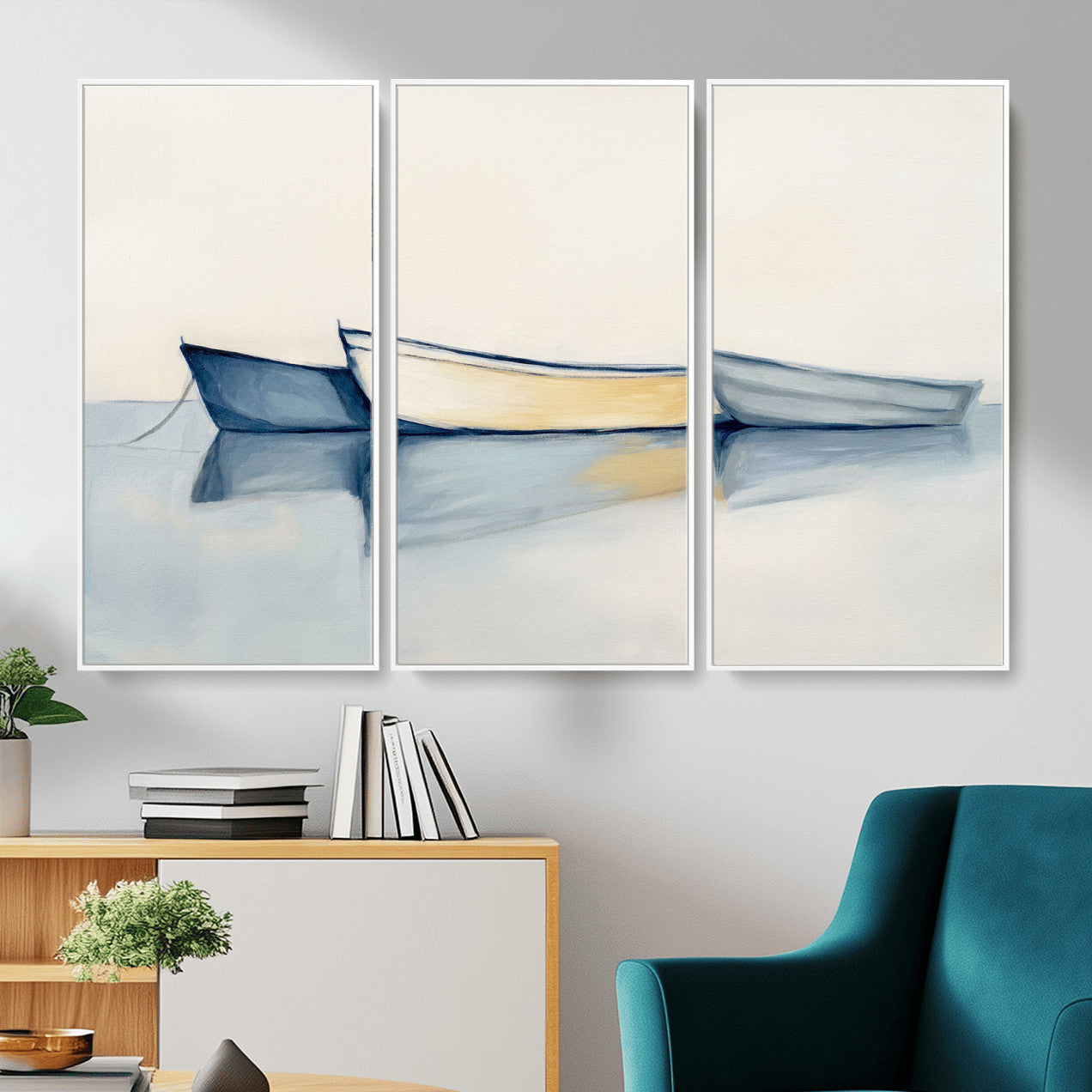 84017361-MGV-CV-36X24 - Abstract Three Boats Reflecting on Water Wall Art Canvas Print - Minimalist Coastal Seascape