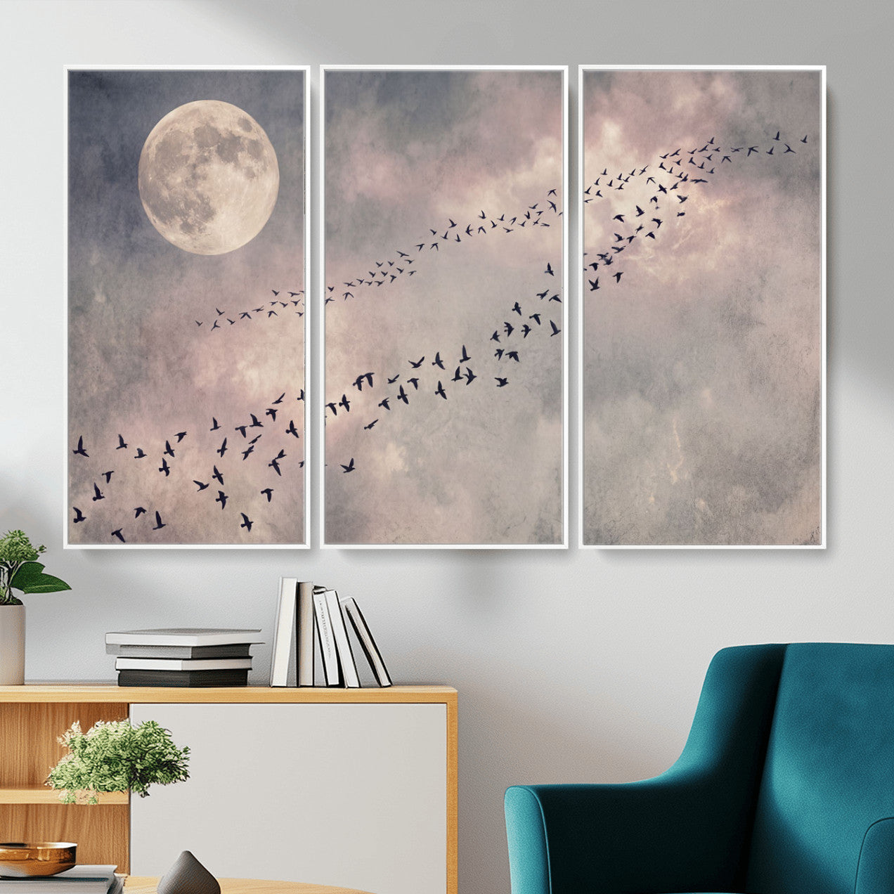 52339590-MGV-CV-36X24 - Birds Flying to Moon Wall Art Canvas Print - Vintage Surreal Night Sky Sky Print