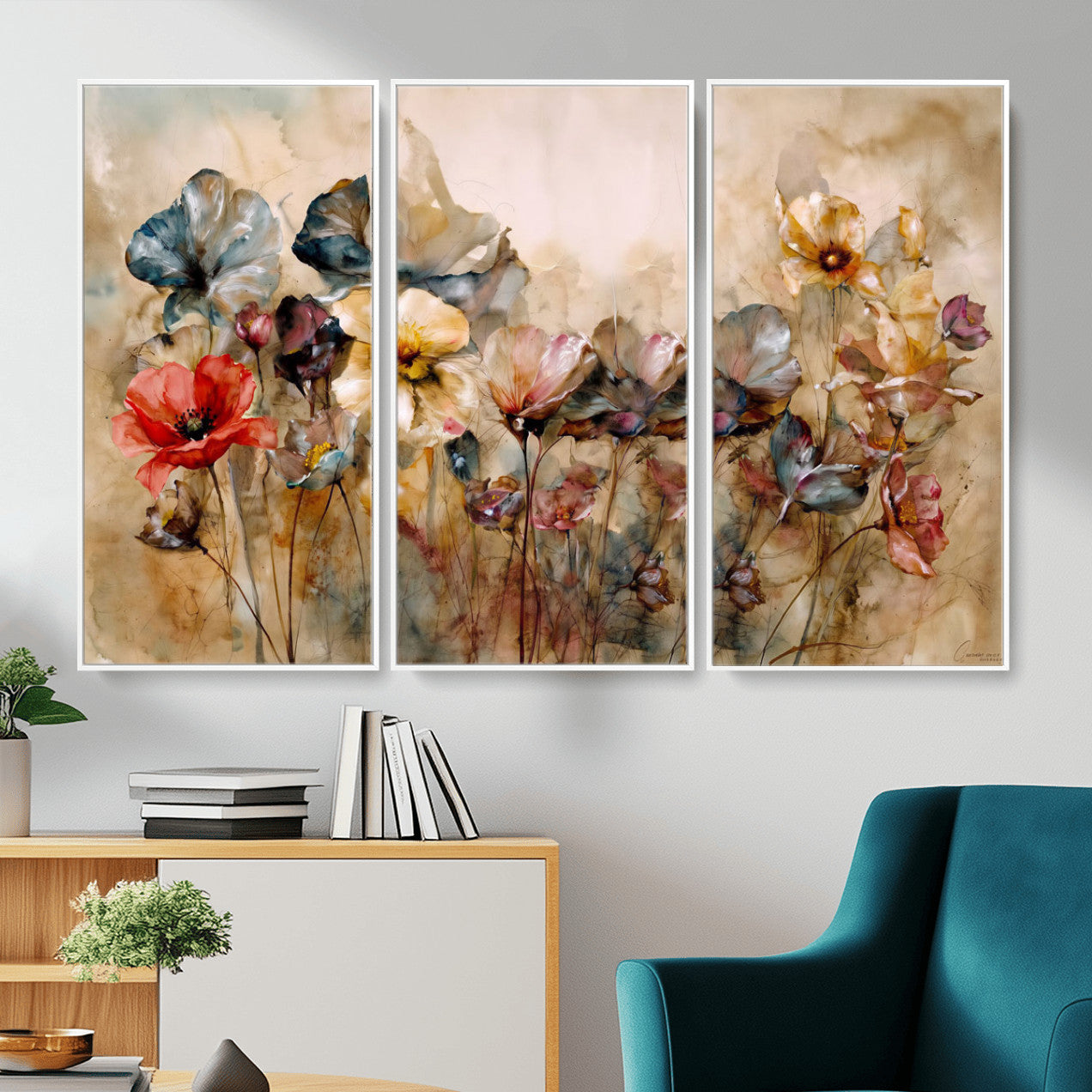 11407233-MGV-CV-36X24 - Vintage Dried Floral Meadow Wall Art Canvas Print, Translucent Watercolor Flowers Painting Print