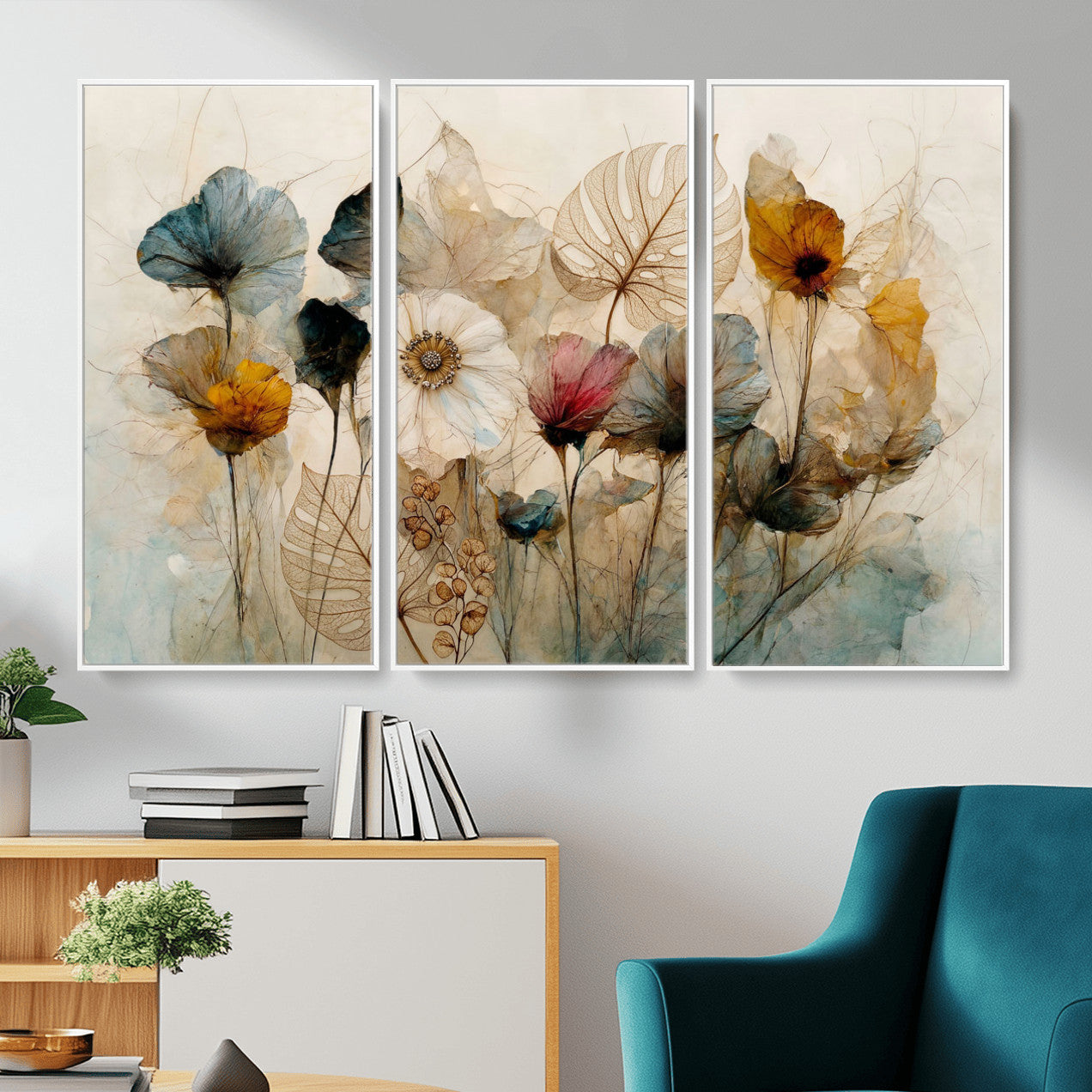 93171612-MGV-CV-36X24 - Vintage Dried Floral Meadow Wall Art Canvas Print, Translucent Watercolor Flowers Painting Print