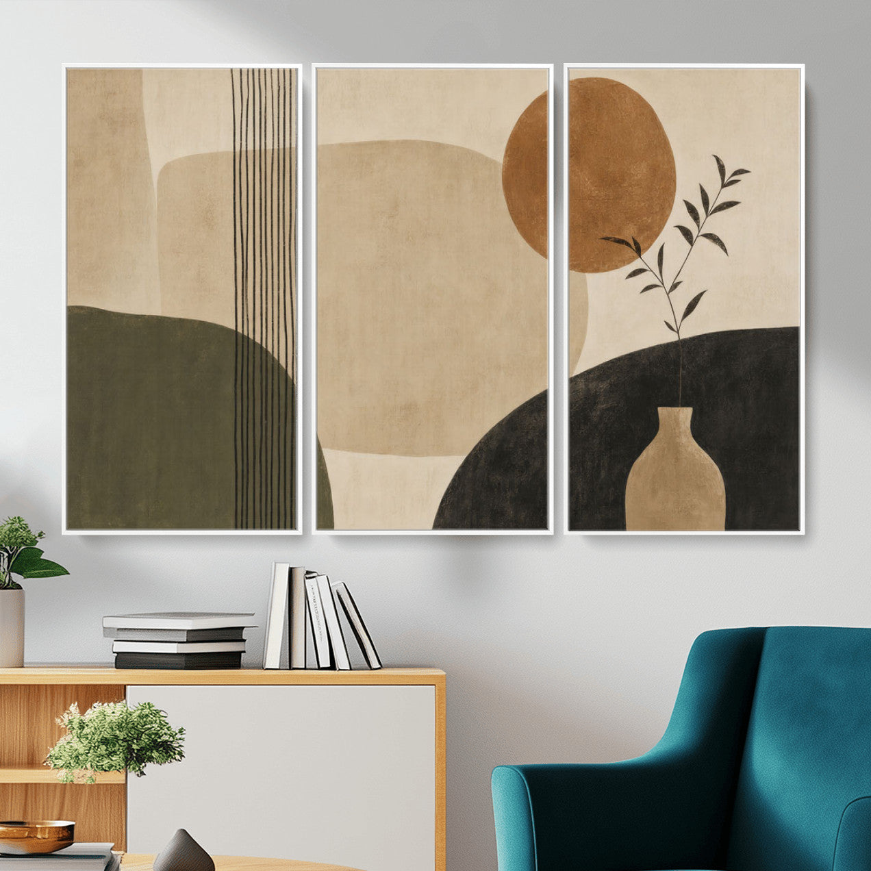 29113684-MGV-CV-36X24 - Japandi Minimalist Abstract Wall Art Canvas Print, Sage Green and Terracotta Sun Botanical Painting Print