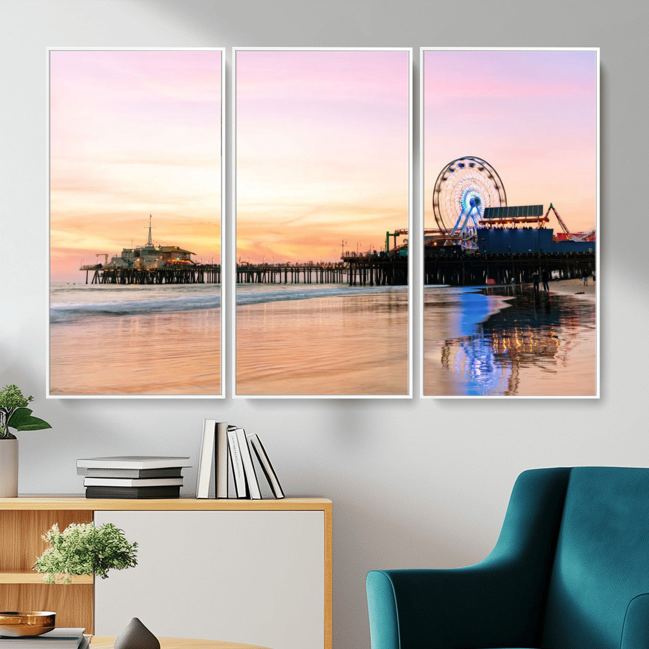 27381272-MGV-CV-36X24 - Santa Monica Pier Sunset Beach Wall Art Canvas Print, California Ferris Wheel Photo Print