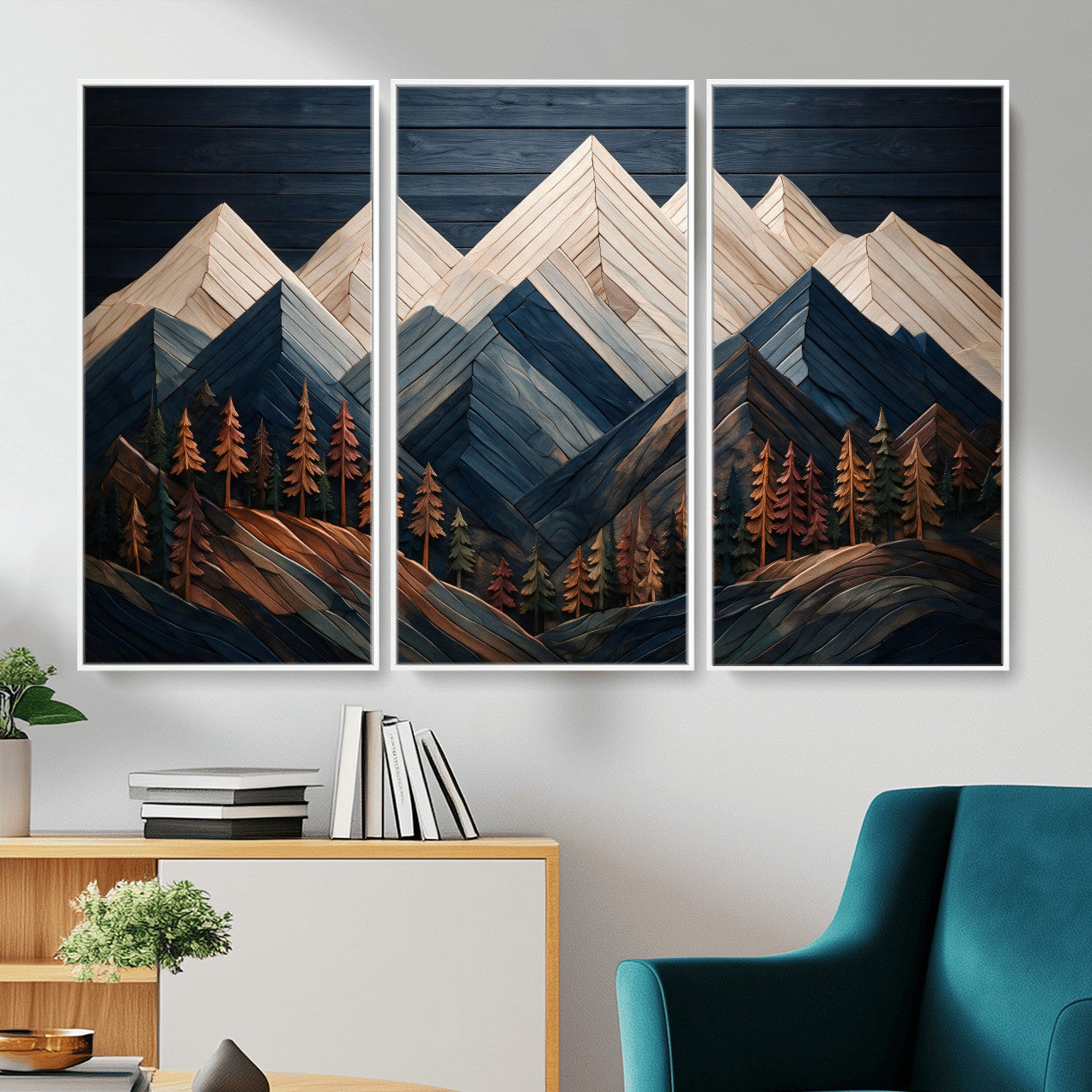 87765072-MGV-CV-36X24 - Geometric Wood Mountain Wall Art Canvas Print, 3D Look Rustic Mosaic Landscape Print