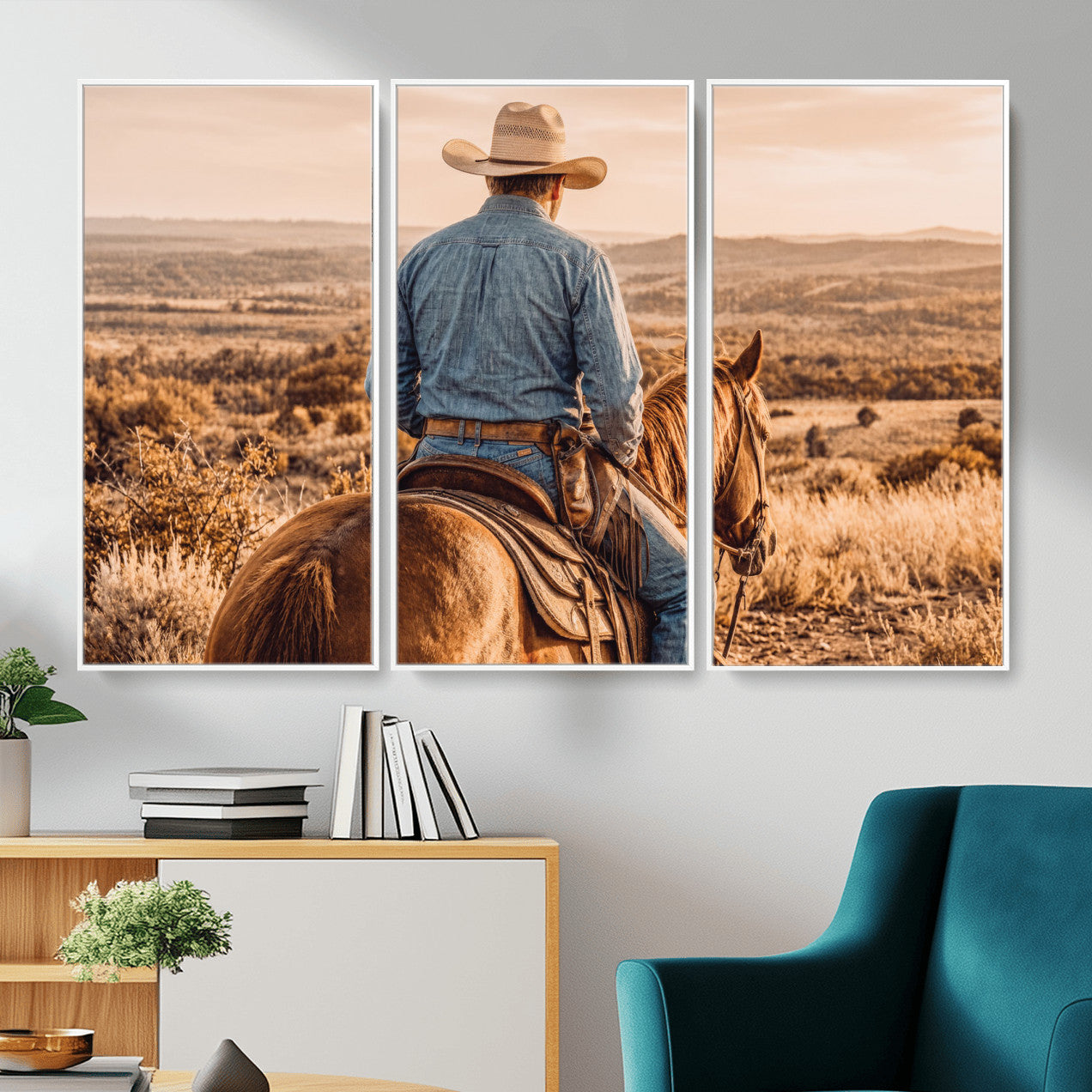 62076449-MGV-CV-36X24 - Texas Cowboy and Horse Print for Western Wall Art Decor for Farmhouse