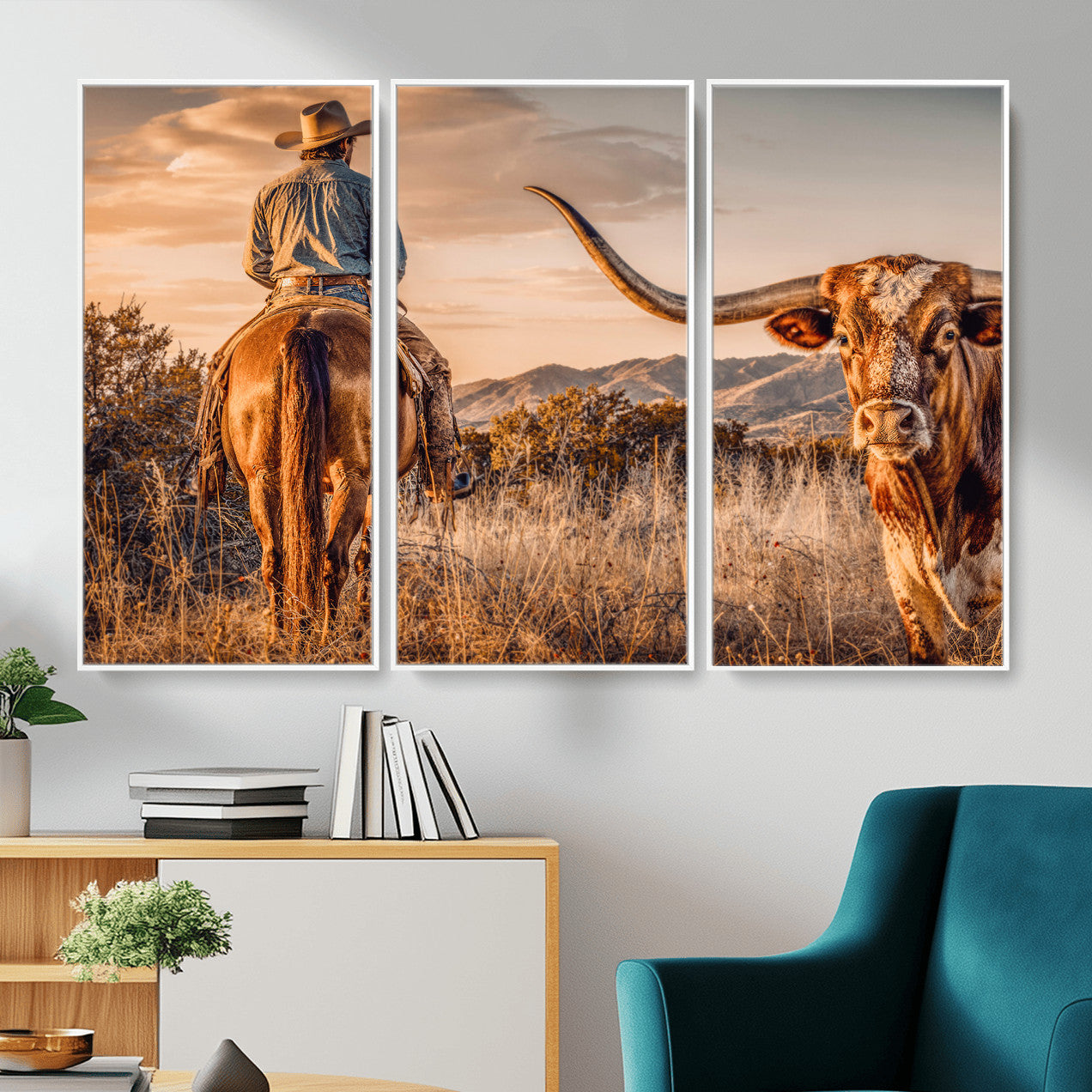 62076449C-MGV-CV-36X24 - Texas Cowboy and Longhorn Bull Print for Western Wall Art Decor for Farmhouse