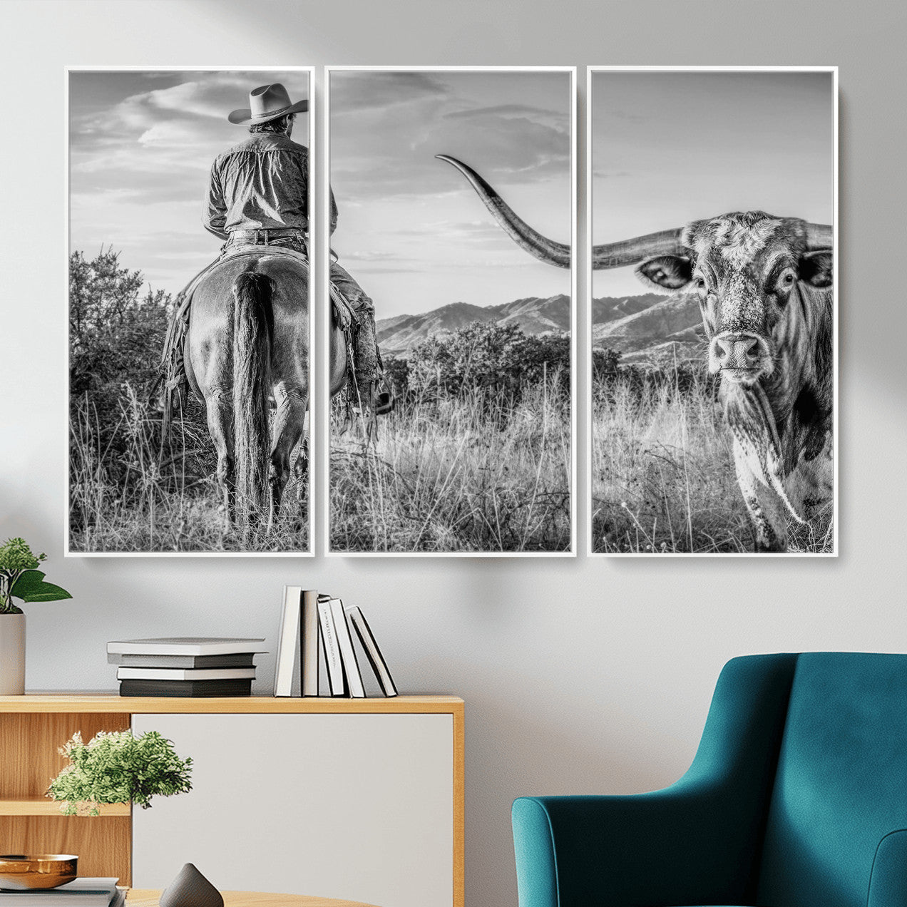 62076449WB-MGV-CV-36X24 - Texas Cowboy and Longhorn Bull Print for Western Wall Art Decor for Farmhouse