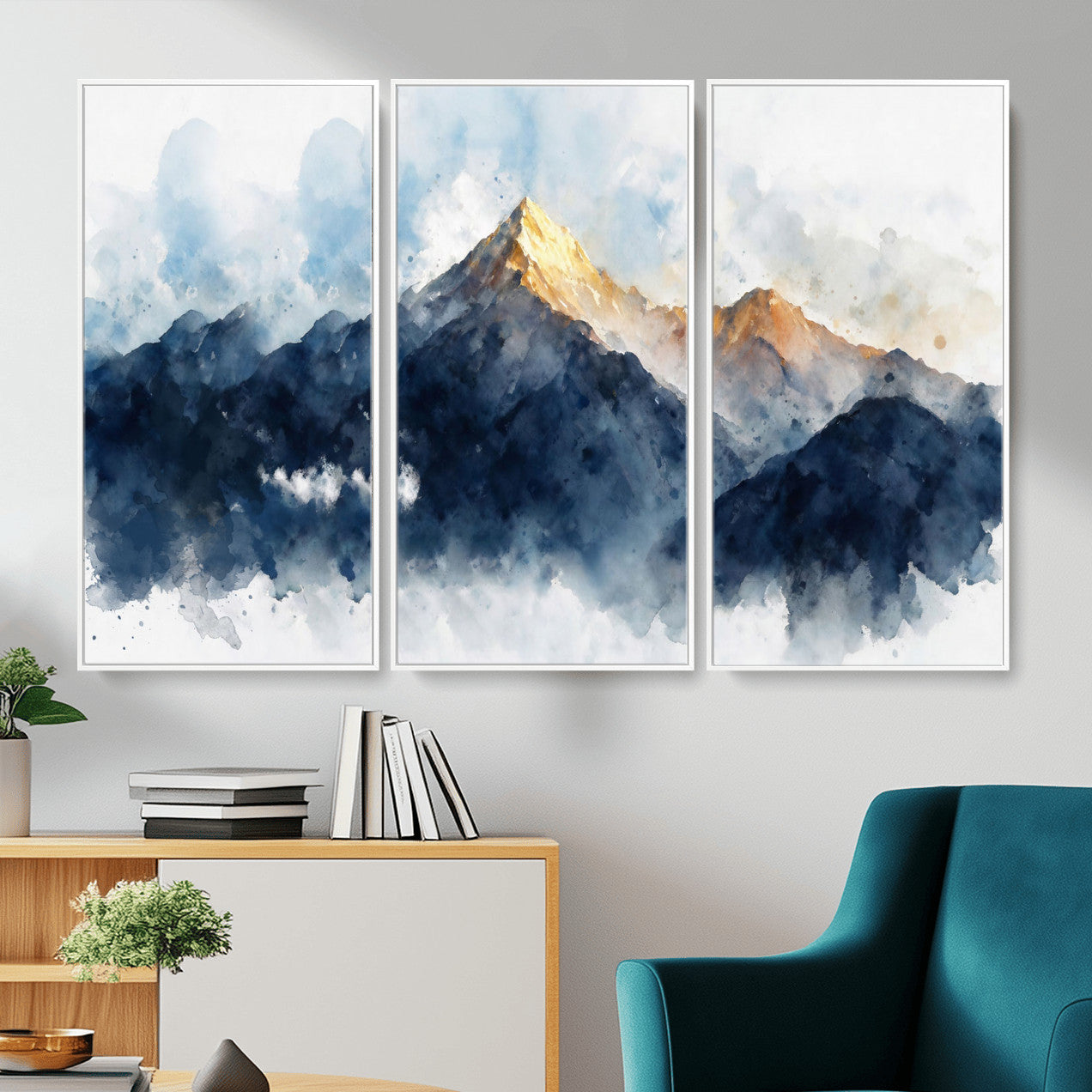 62076449DG1-MGV-CV-36X24 - Abstract Watercolor Mountain Lake Wall Art Print for Living Room Decor