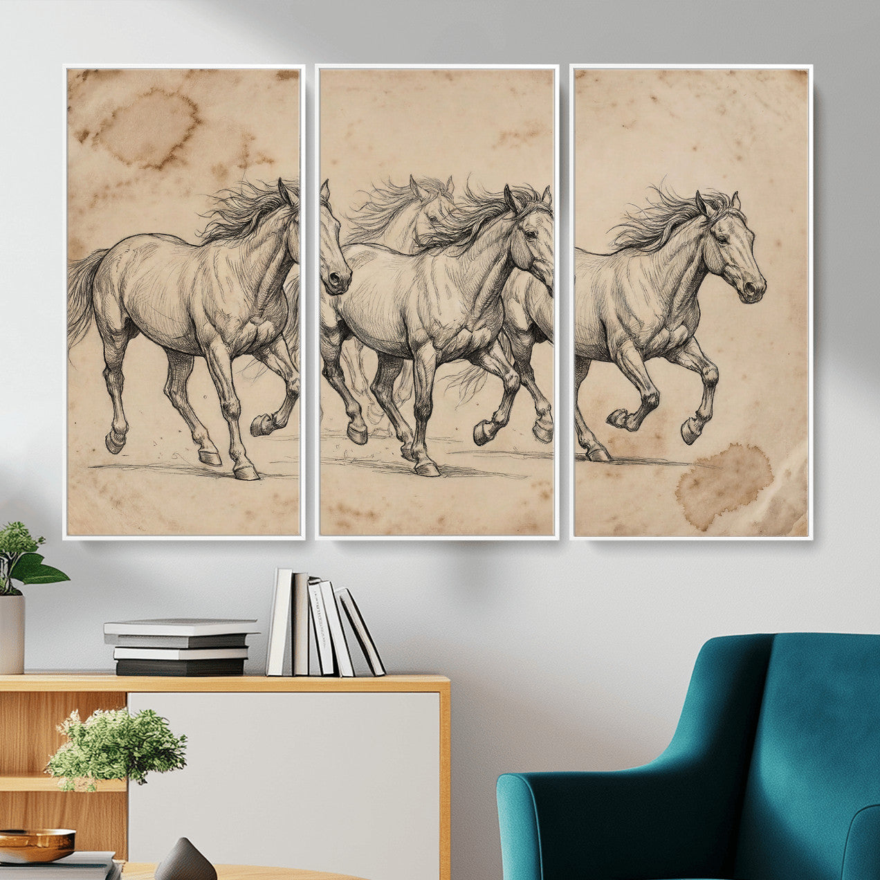 56046981-MGV-CV-36X24 - Sepia Wild Horses Canvas Art, Antique Pencil Drawing Print, Vintage Gallery Wall Decor, Rustic Equestrian Artwork, Traditional Den Gift