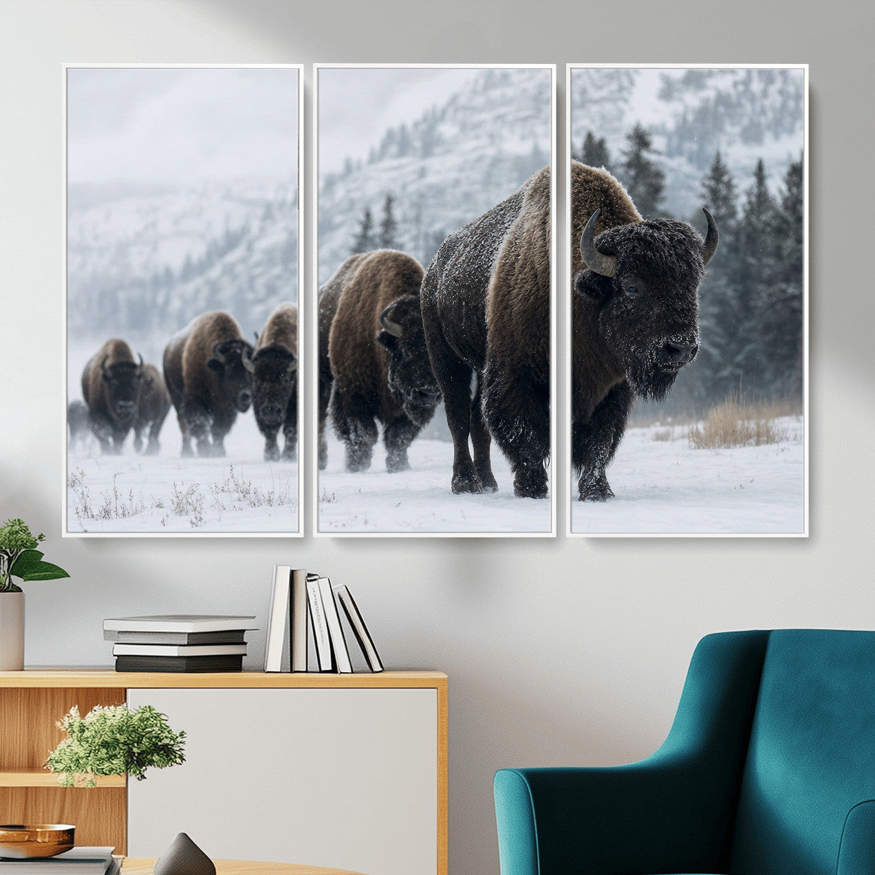 18343289-MGV-CV-36X24 - Rustic Bison Wall Art, American Buffalo Photo Print, Wildlife Canvas Artwork, Snowy Mountain Decor, Large Nature Poster, Cabin Gift Idea