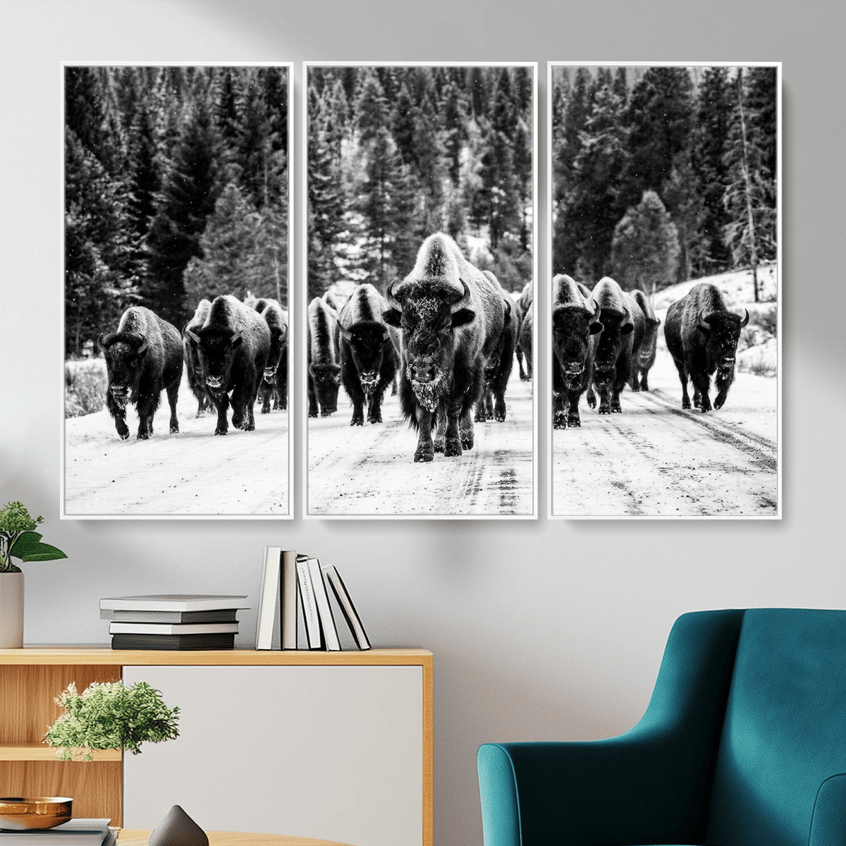 79337077-MGV-CV-36X24 - Black and White Bison Canvas Art, American Buffalo Print, Winter Wildlife Photography, Rustic Forest Wall Decor, Large Statement Nature Gift