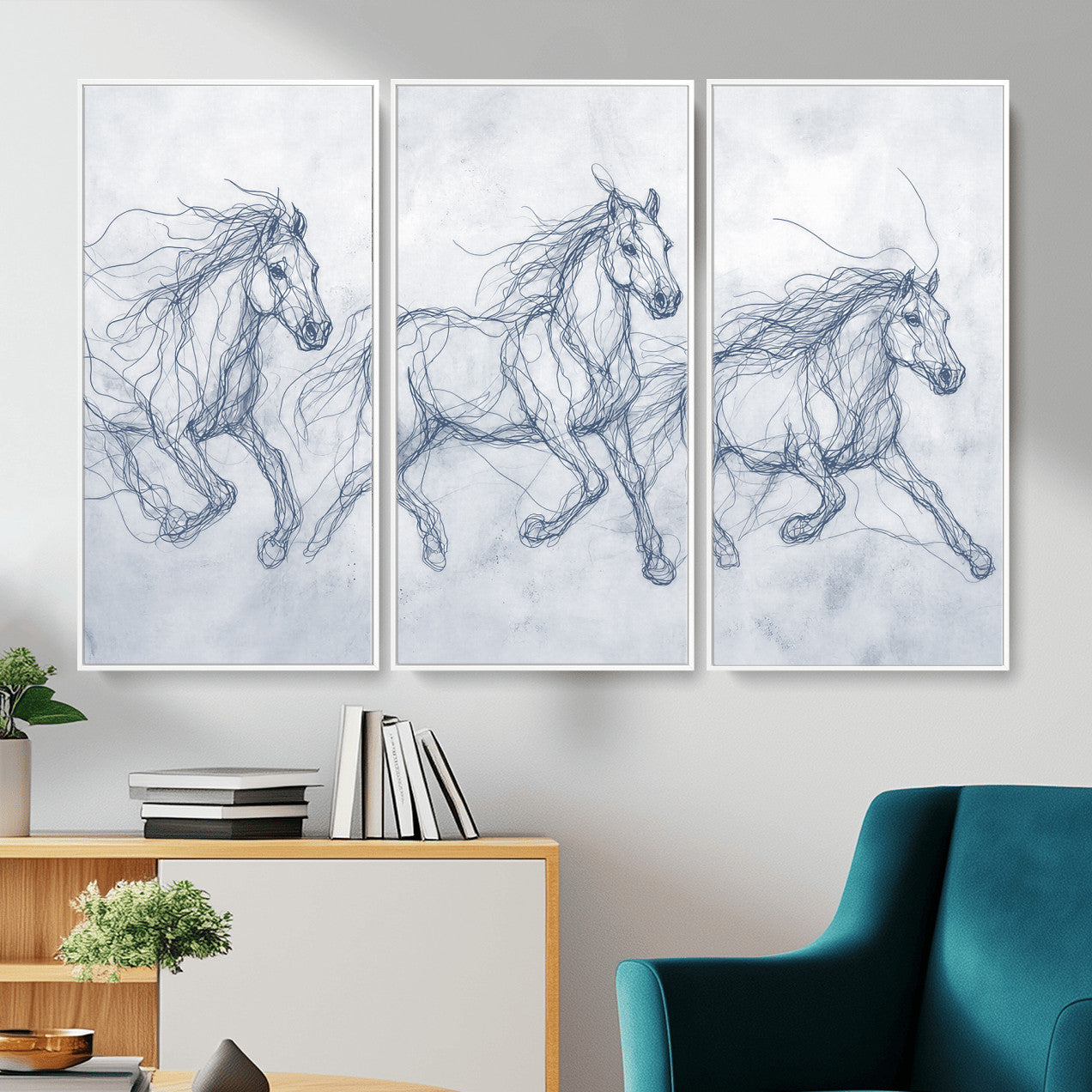 41163601-MGV-CV-36X24 - Indigo Blue Horse Line Art Canvas, Steel Grey Wild Horses Print, Abstract Navy Scribble Artwork, Modern Slate Equine Wall Decor, Coastal Ranch Gift
