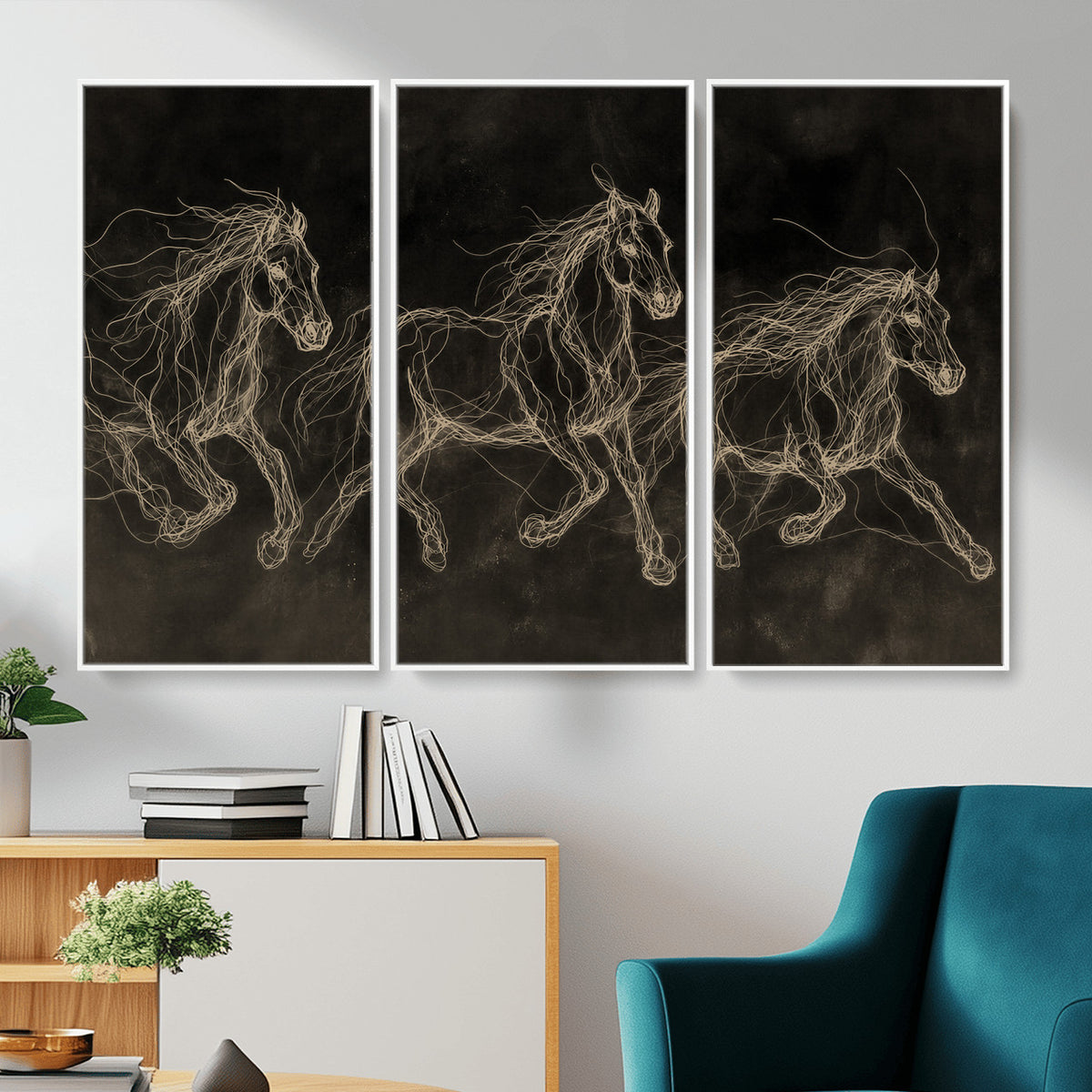 15344242-MGV-CV-36X24 - Dark Horse Line Art Canvas, Gold Scribble Wild Horses Print, Black Chalkboard Wall Art, Modern Luxury Equine Decor, Masculine Office Gift