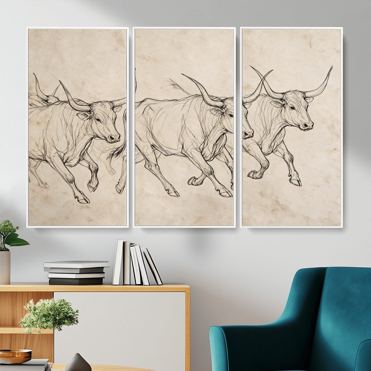 87177621-MGV-CV-36X24 - Minimalist Longhorn Line Art, Modern Texas Bull Canvas Print, Abstract Western Wall Decor, Continuous Line Artwork, Black White Ranch Gift