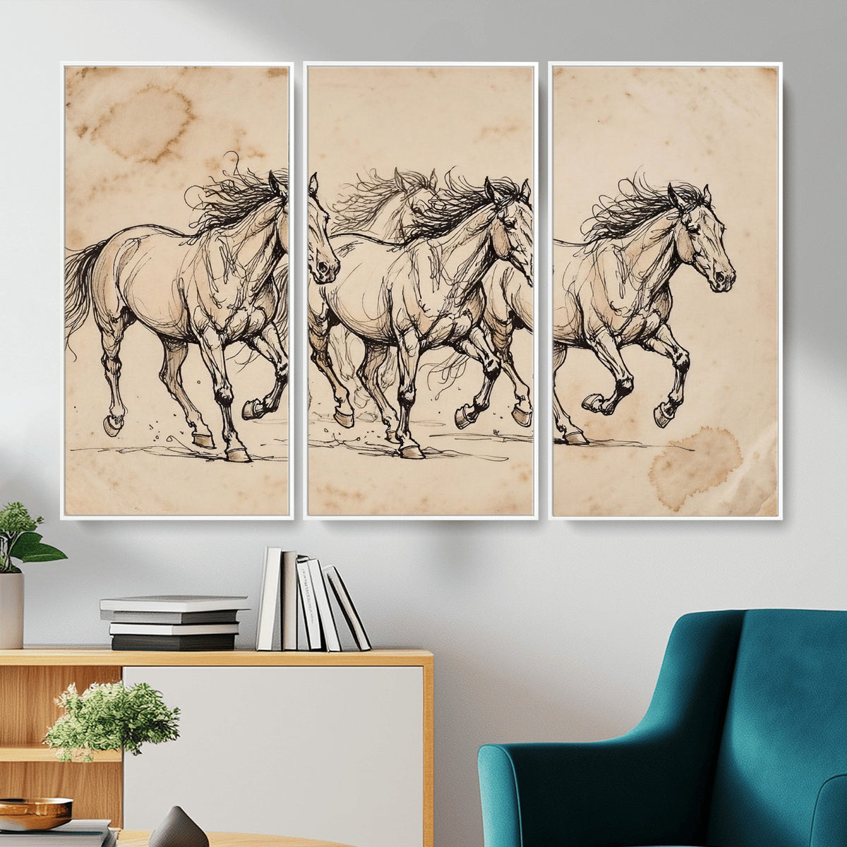 18242163-MGV-CV-36X24 - Vintage Horse Sketch Canvas Wall Art, Wild Horses Pencil Drawing Print, Antique Parchment Western Decor, Equine Sketching, Country Manor Gift