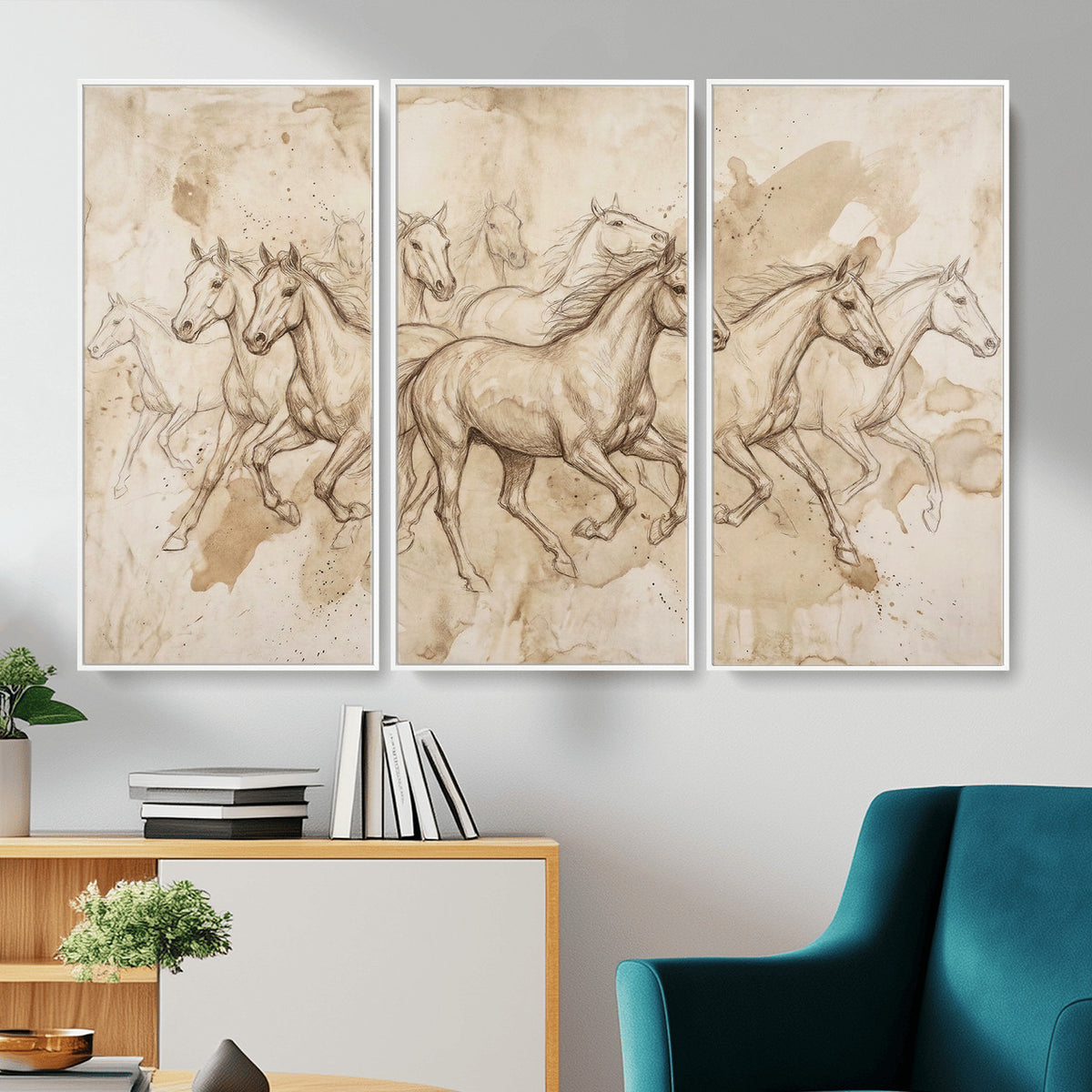 52233469-MGV-CV-36X24 - Vintage Horse Sketch Canvas Wall Art, Wild Horses Pencil Drawing Print, Antique Parchment Western Decor, Equine Sketching, Country Manor Gift