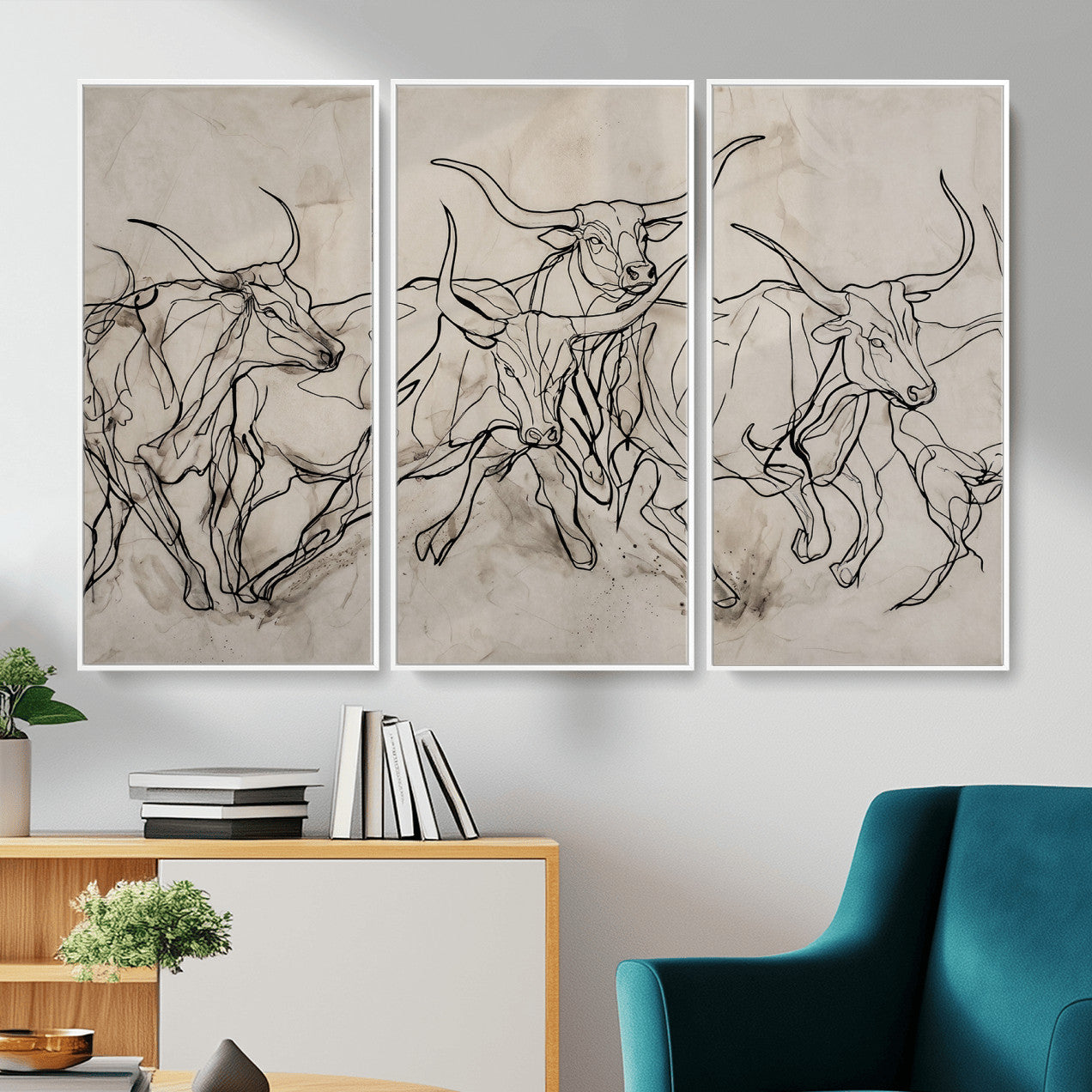 16671245-MGV-CV-36X24 - Minimalist Longhorn Line Art, Modern Texas Bull Canvas Print, Abstract Western Wall Decor, Continuous Line Artwork, Black White Ranch Gift