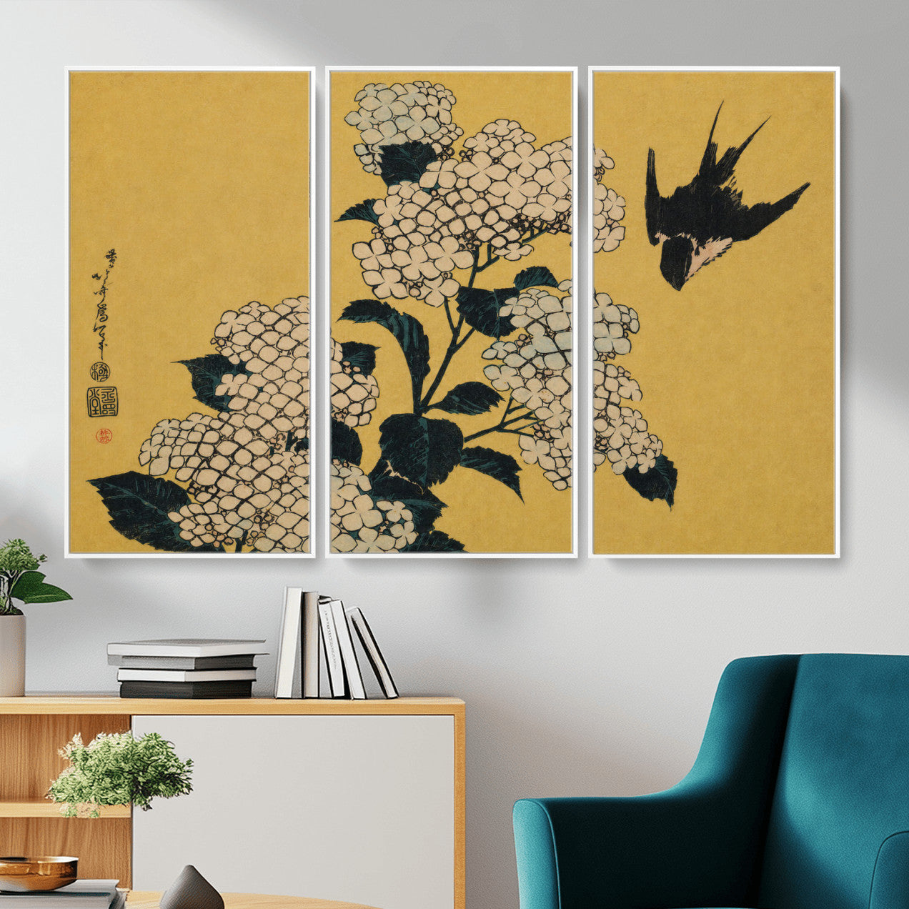 92483501-MGV-CV-36X24 - Katsushika Hokusai Hydrangea and Swallow Wall Art Canvas Print, Japanese Woodblock Painting Print