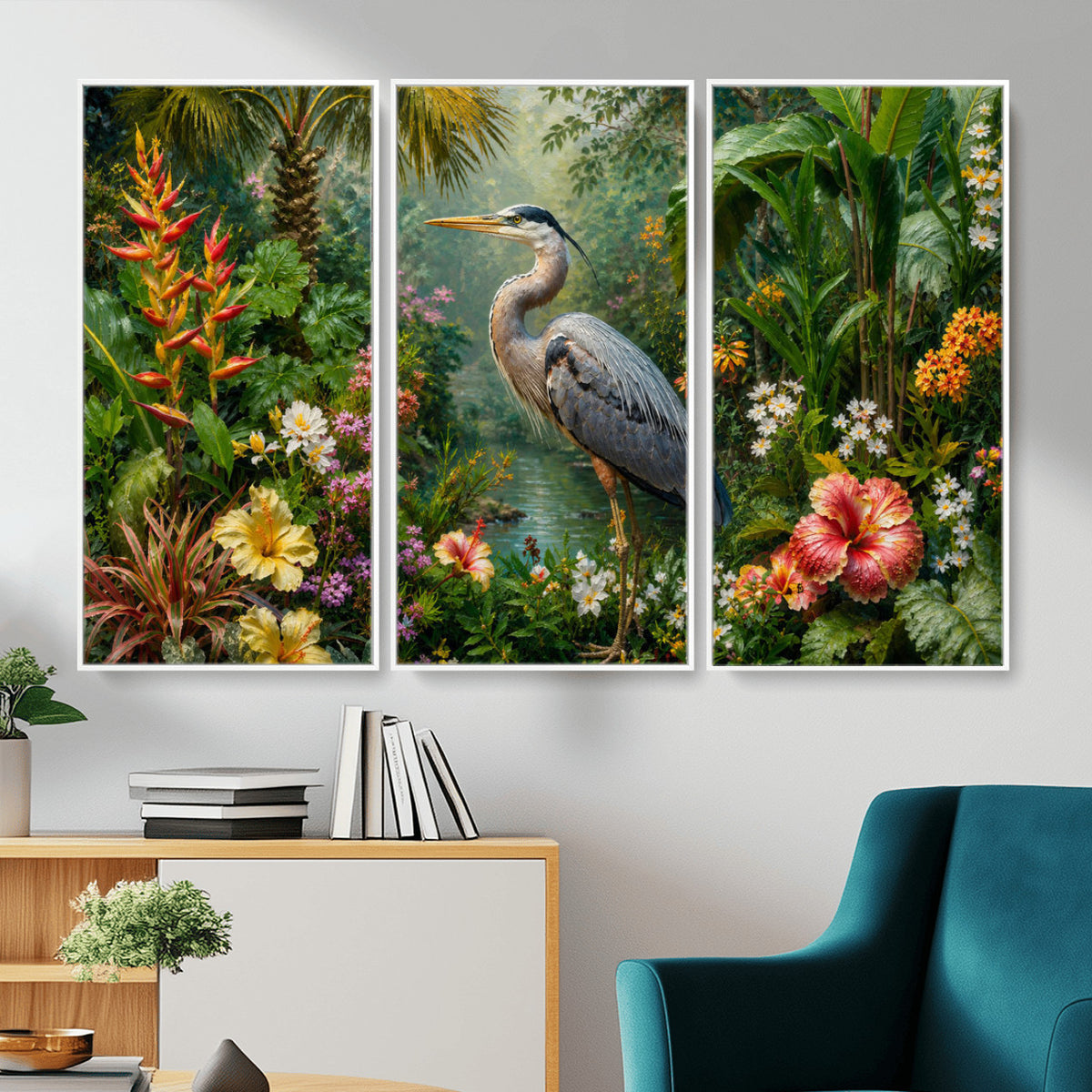 81059387-MGV-CV-36X24 - Great Blue Heron Tropical Jungle Wall Art Canvas Print, Exotic Botanical Garden Painting Print