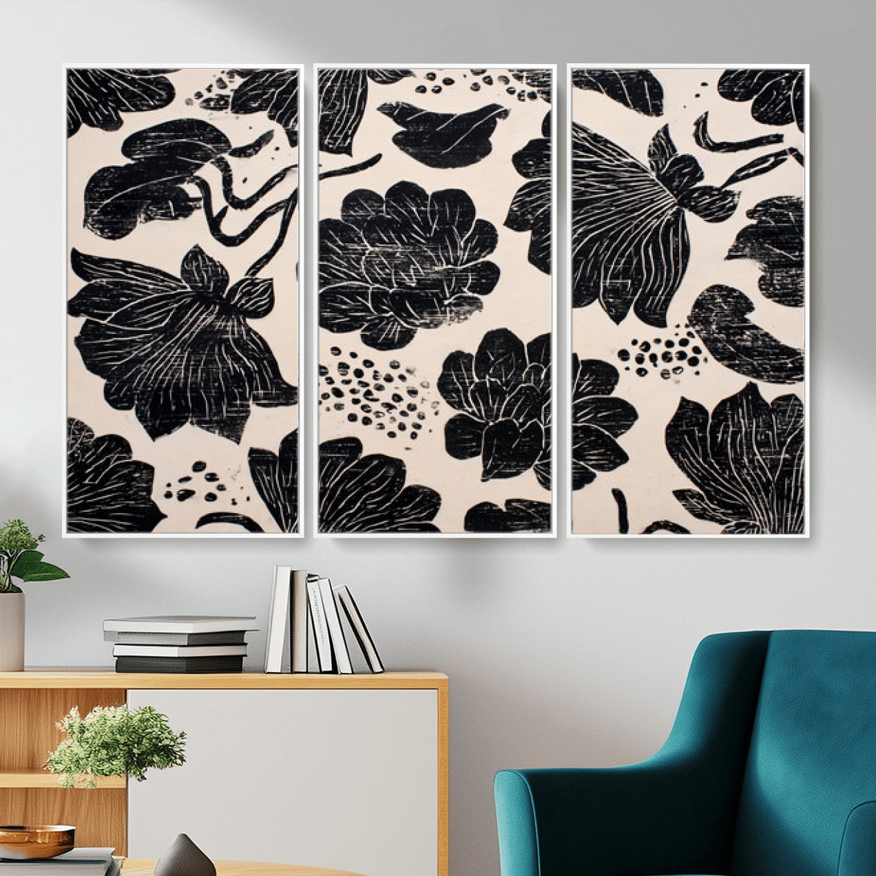 81787117-MGV-CV-36X24 - Linocut Black Lotus Floral Wall Art Canvas Print, Vintage Monochrome Botanical Painting Print